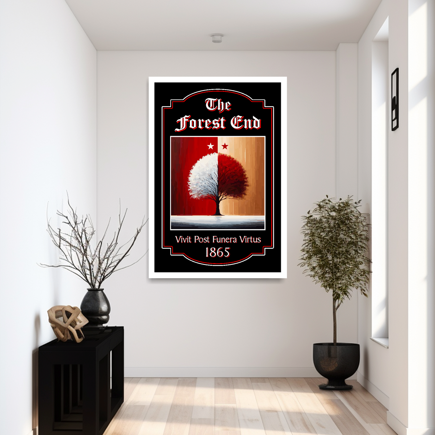 Nottingham Forest FC Pub Sign 'The Forest End' mounted in a extra large white frame on a reception wall