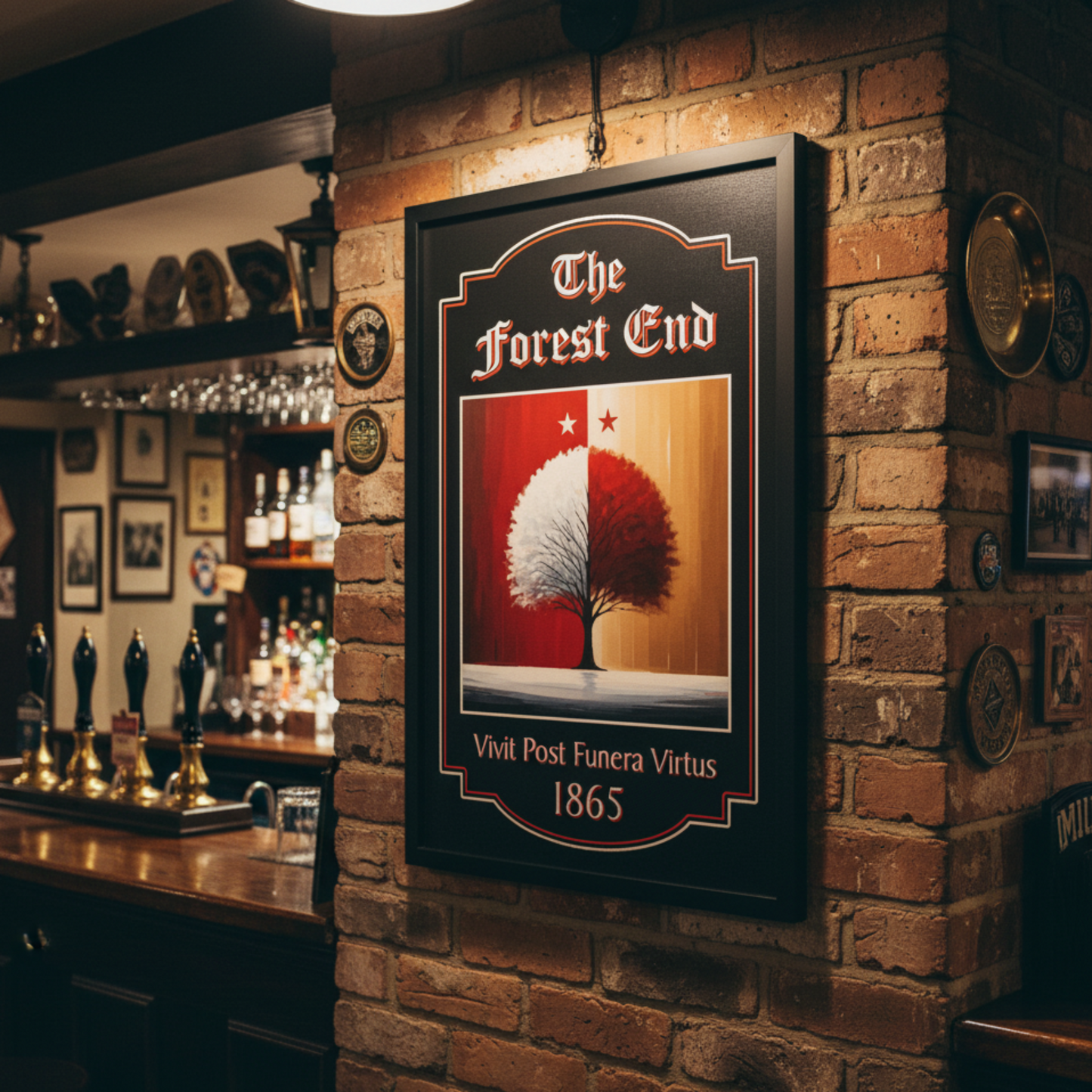Nottingham Forest FC Pub Sign 'The Forest End' mounted on a brick bar wall in a black frame