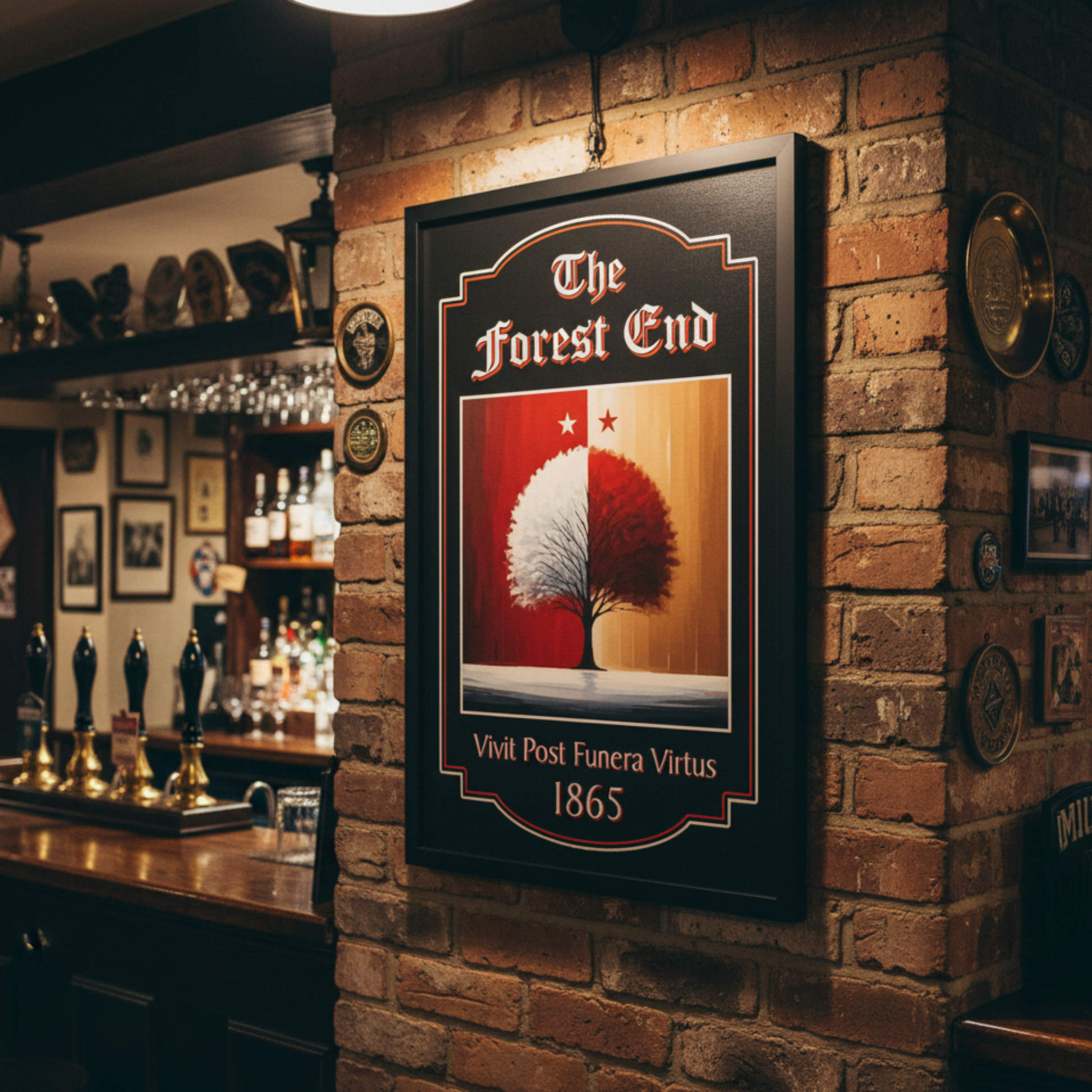 Nottingham Forest FC Pub Sign 'The Forest End' mounted on a brick bar wall in a black frame