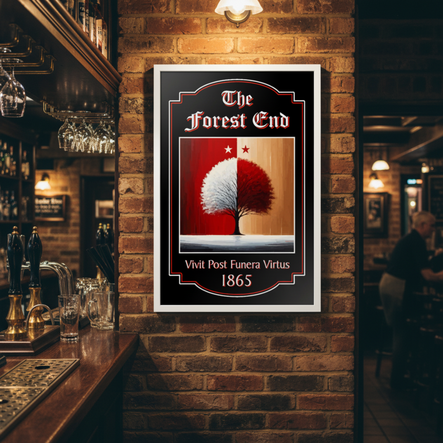 Nottingham Forest FC Pub Sign 'The Forest End' mounted on a brick bar wall