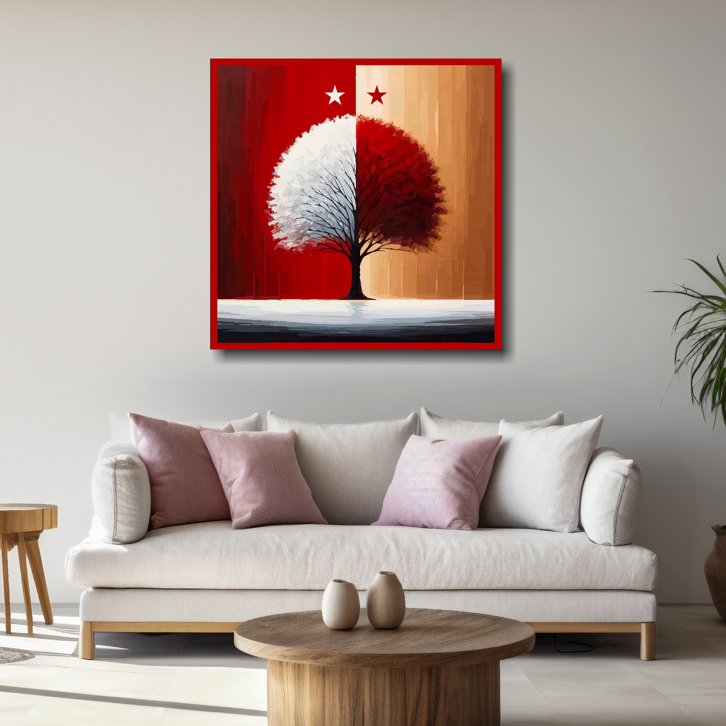 Large Nottingham Forest inspired canvas above white sofa - vibrant abstract UK football wall art