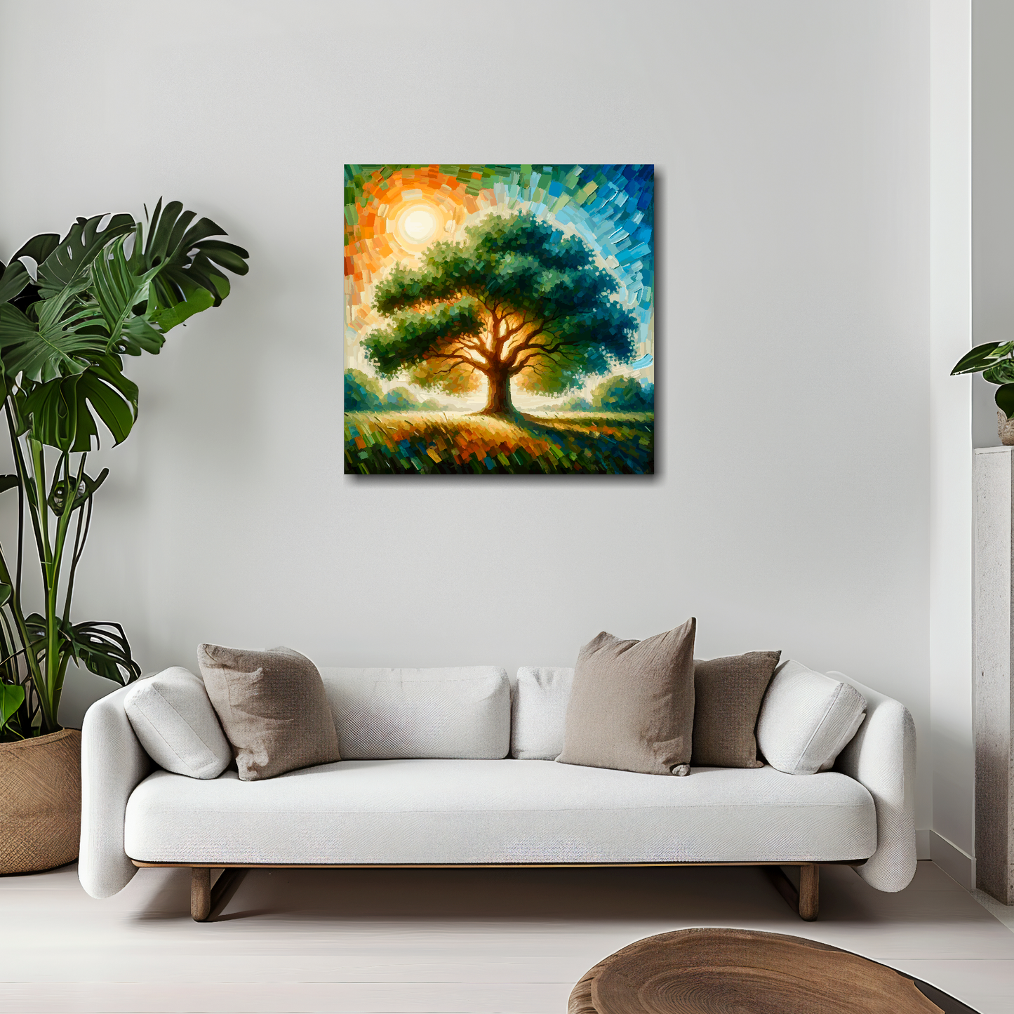 Oak tree canvas 20x20 inches above white sofa - vibrant botanical wall art UK