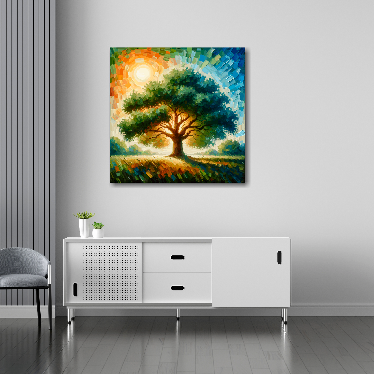 Oak tree canvas 30x30 inches above sideboard - large colourful botanical art UK made