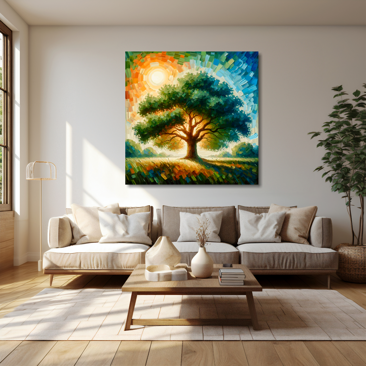 Oak tree canvas 40x40 inches above cream sofa - XL vibrant botanical wall art UK