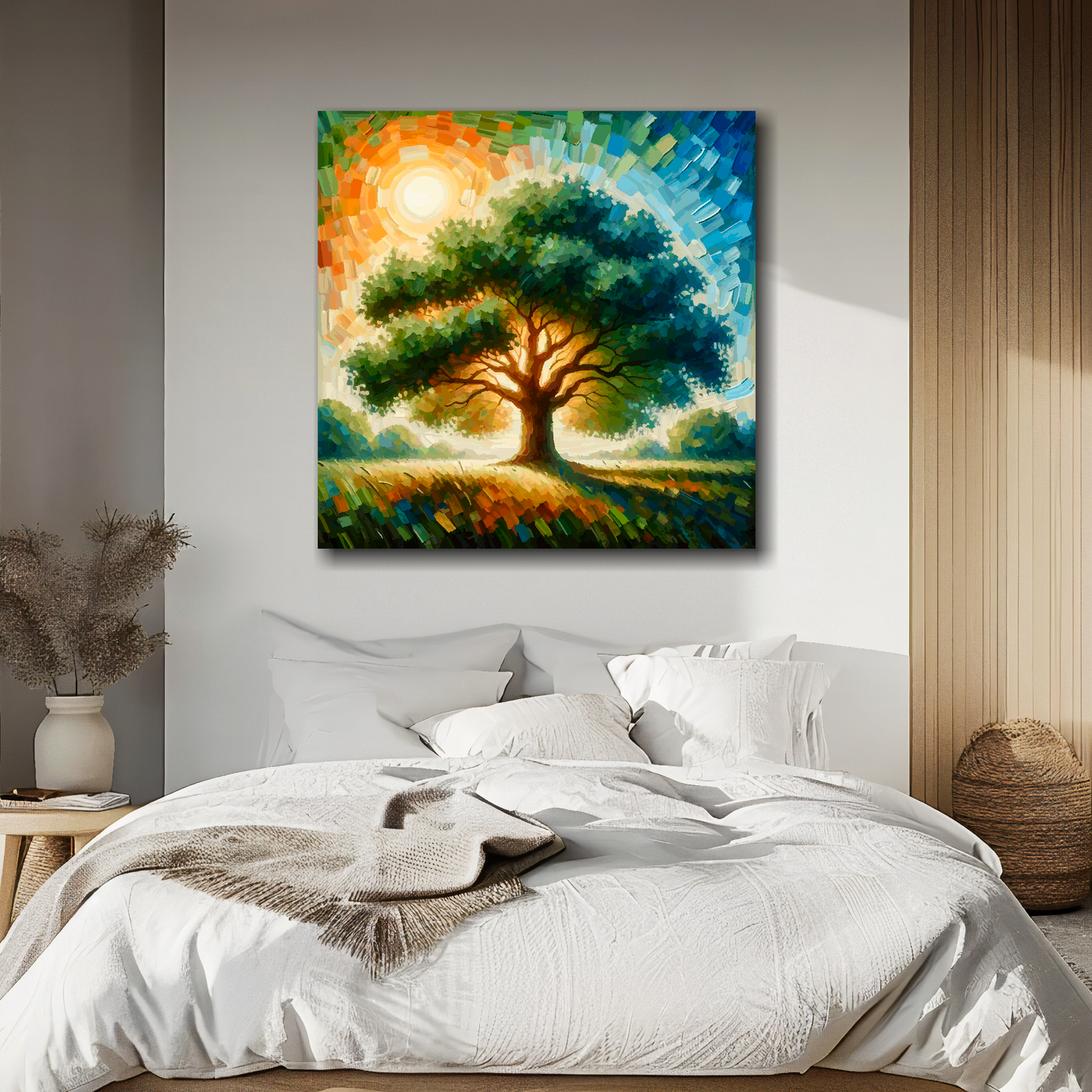 Oak tree canvas above bed - colourful botanical wall decor for UK bedrooms