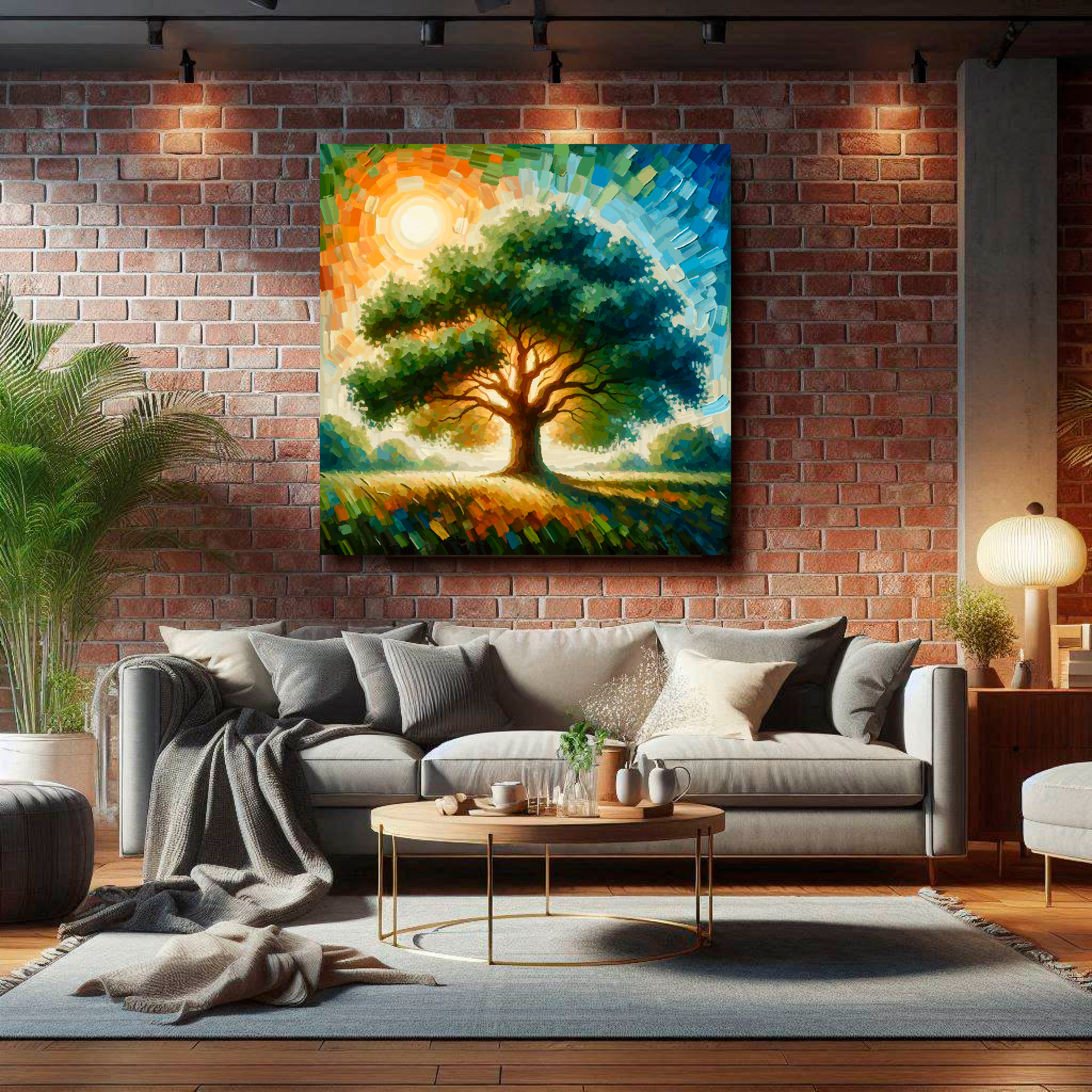Large oak tree canvas on brick wall above grey sofa - bold botanical art UK living room