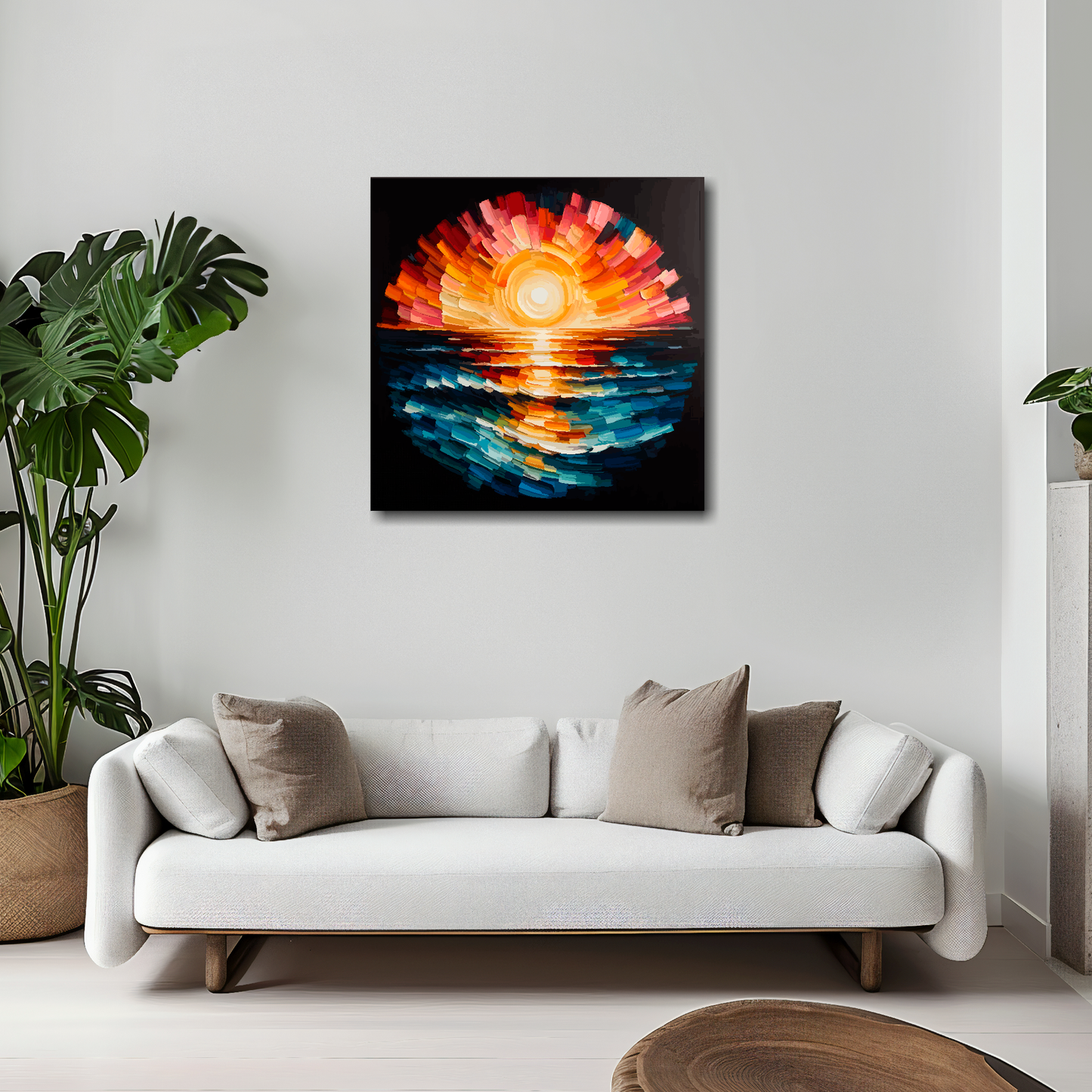 Ocean sunset canvas 20x20 inches above white sofa - vibrant coastal wall art UK