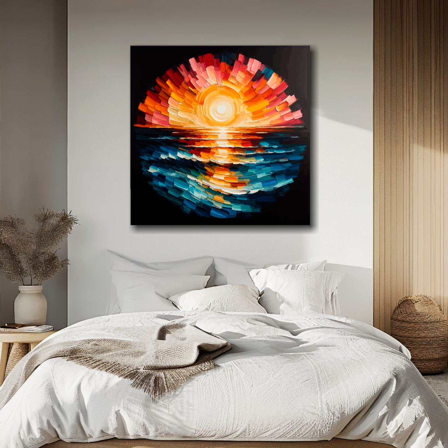 Ocean sunset canvas above bed - colourful coastal wall decor for UK bedrooms