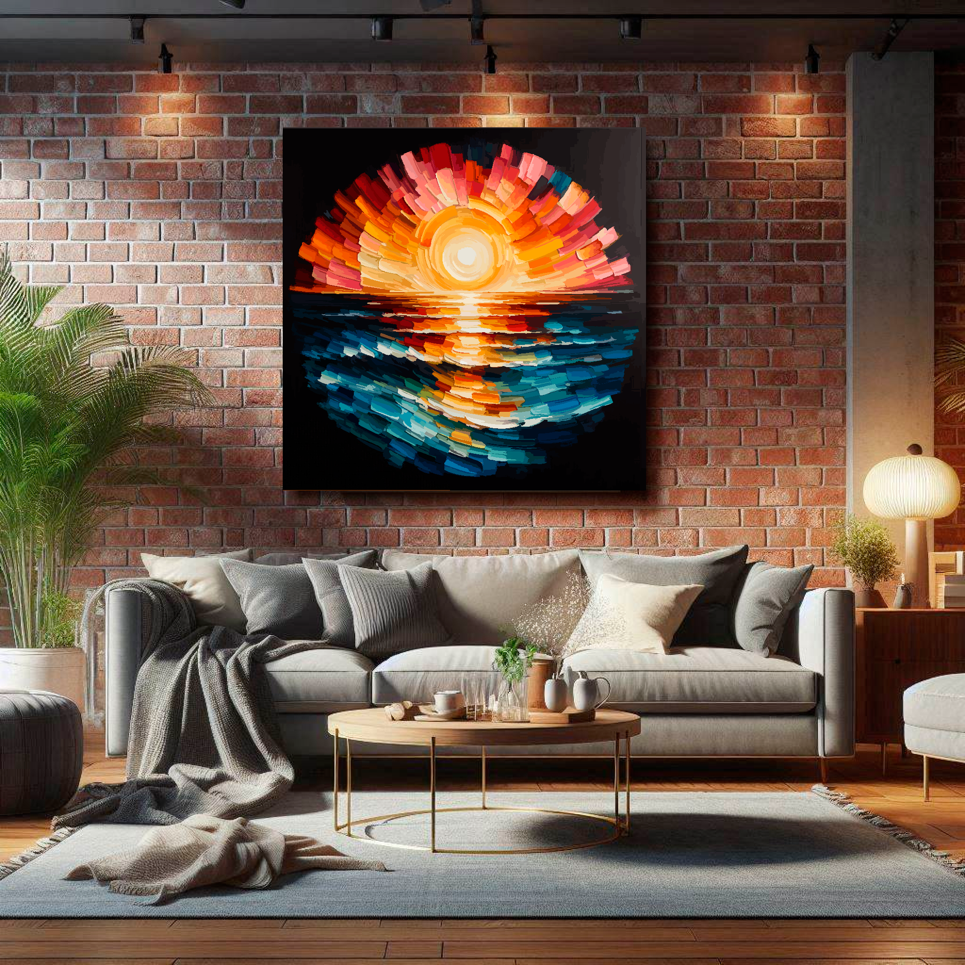 Large ocean sunset canvas on brick wall above grey sofa - bold coastal art UK living room