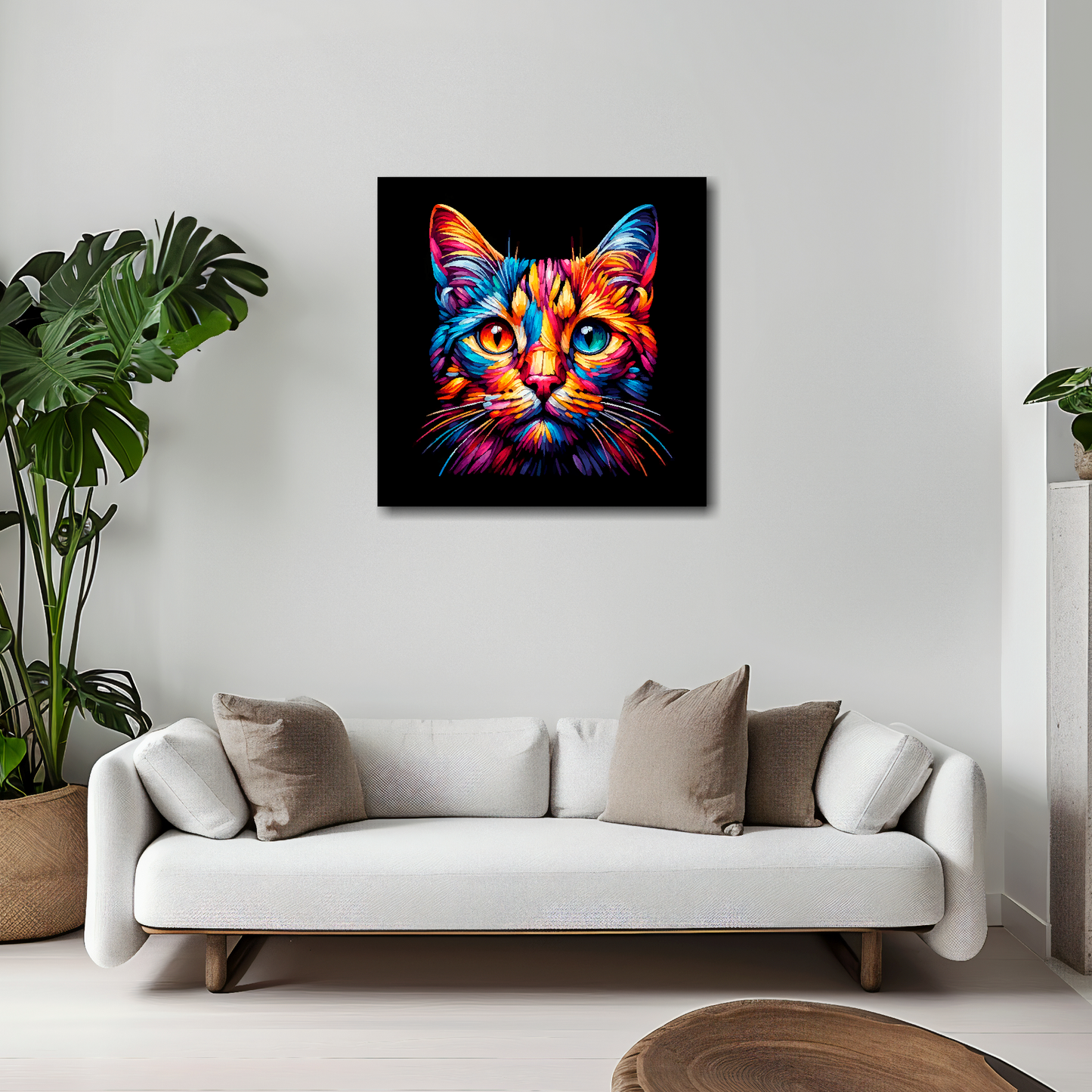Ocicat canvas 20x20 inches above white sofa - vibrant cat portrait wall art UK