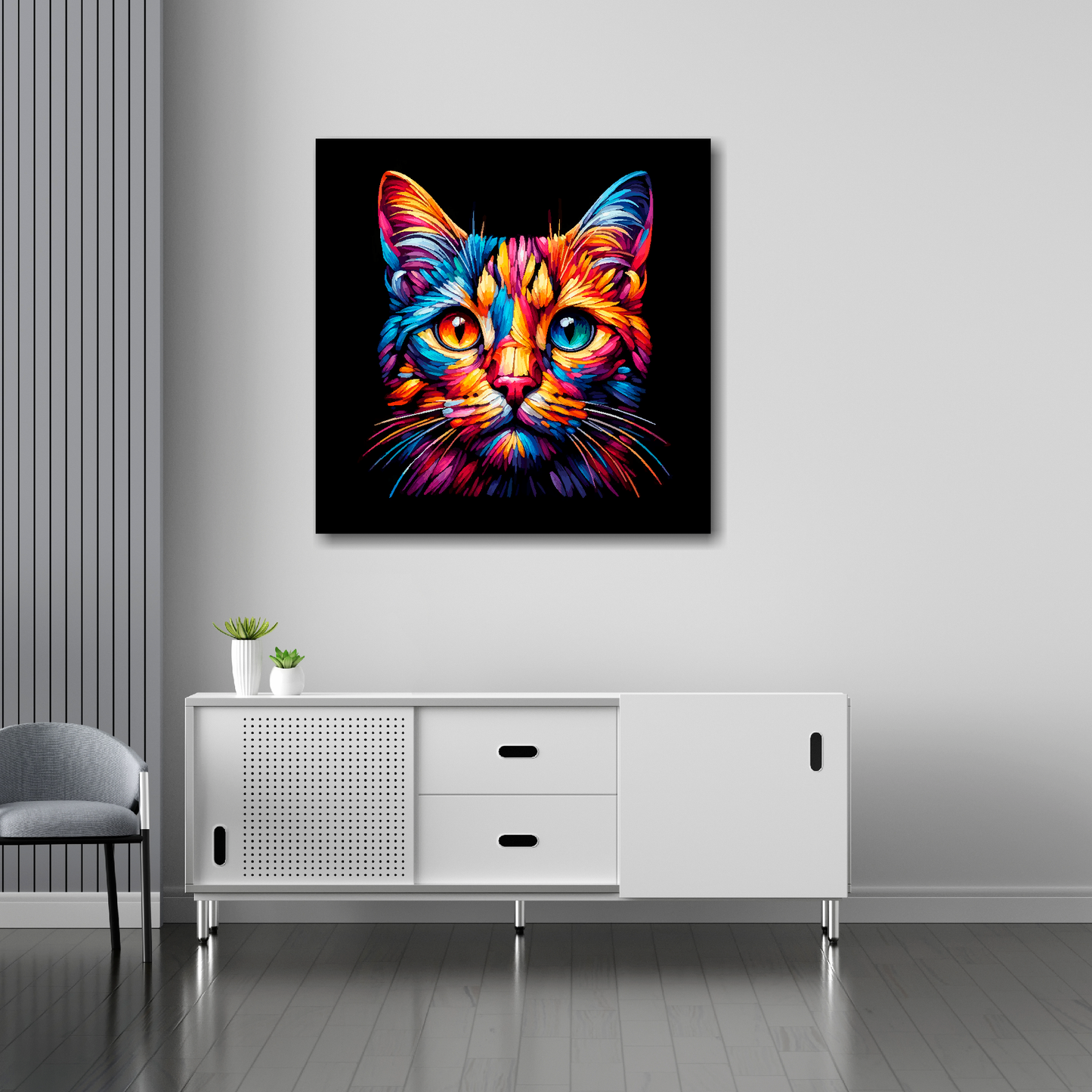 Ocicat canvas 30x30 inches above sideboard - large colourful cat portrait UK made