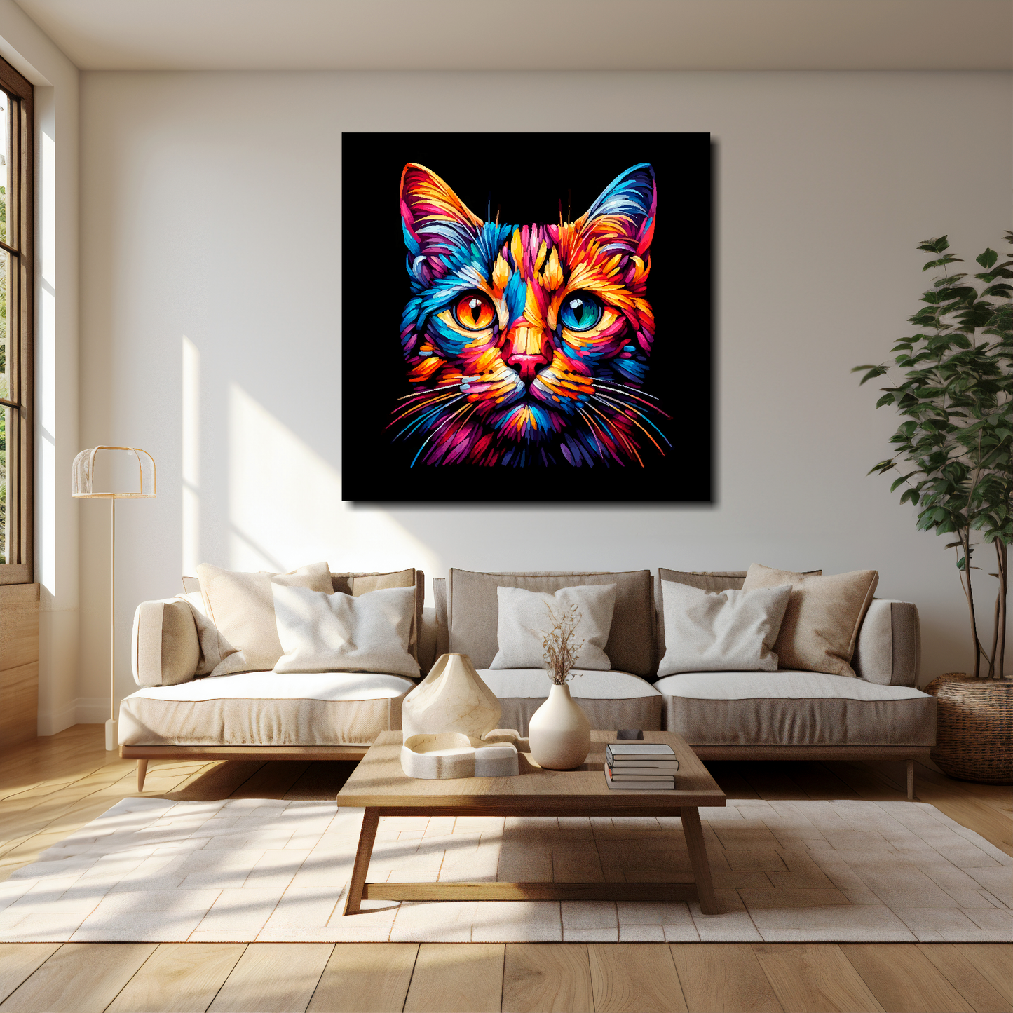 Ocicat canvas 40x40 inches above cream sofa - XL vibrant cat wall art UK