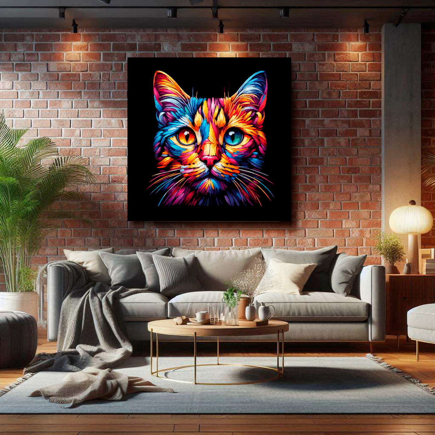 Large Ocicat canvas on brick wall above grey sofa - bold cat portrait UK living room