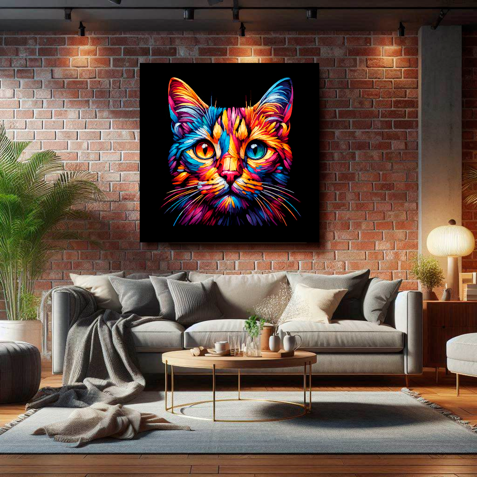 Large Ocicat canvas on brick wall above grey sofa - bold cat portrait UK living room
