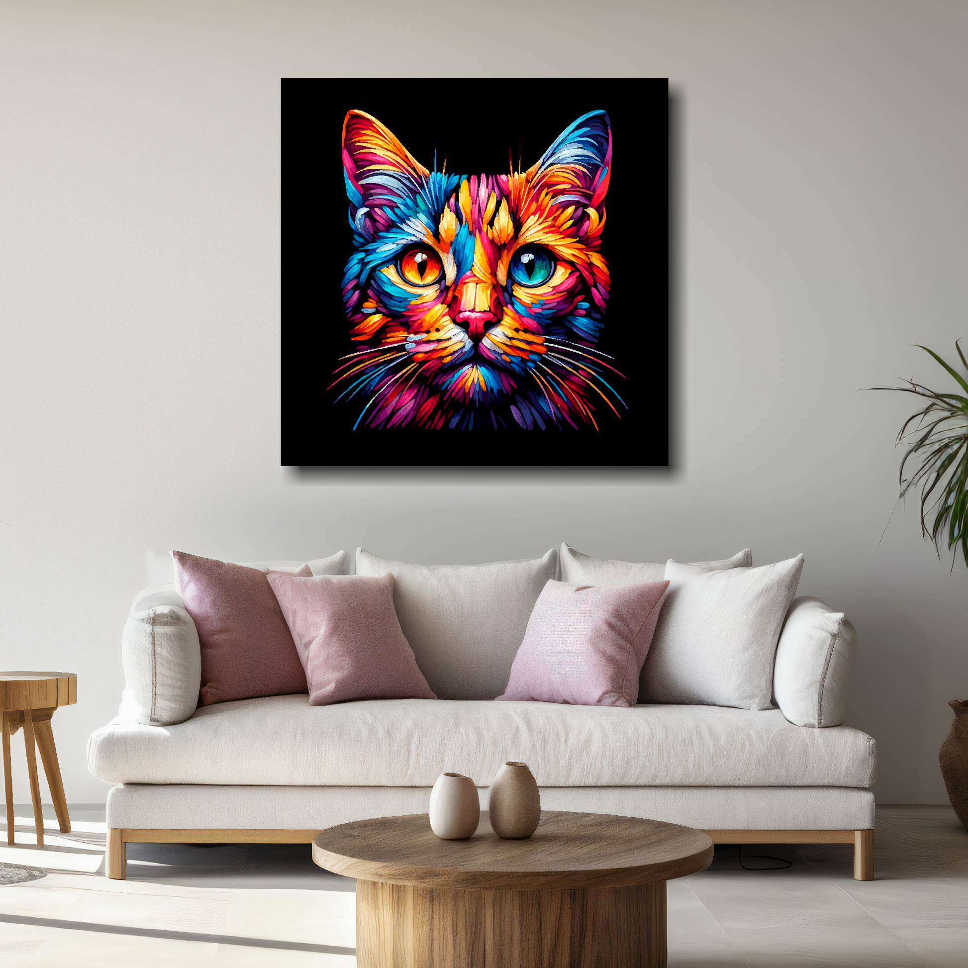 Large Ocicat canvas above white sofa - vibrant abstract cat portrait wall art UK