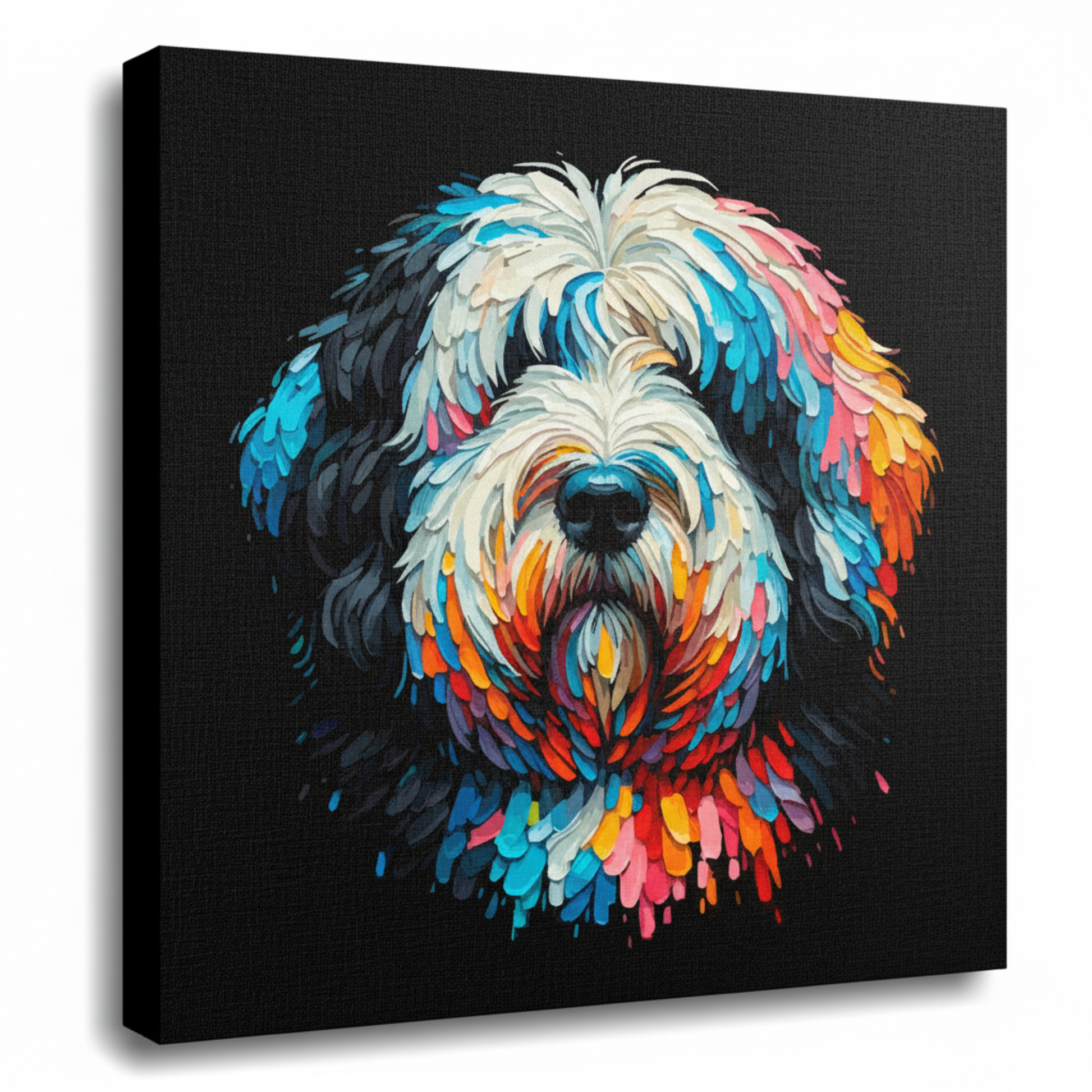 Colourful Old English Sheepdog dog portrait canvas print - UK made abstract pet wall art black background
