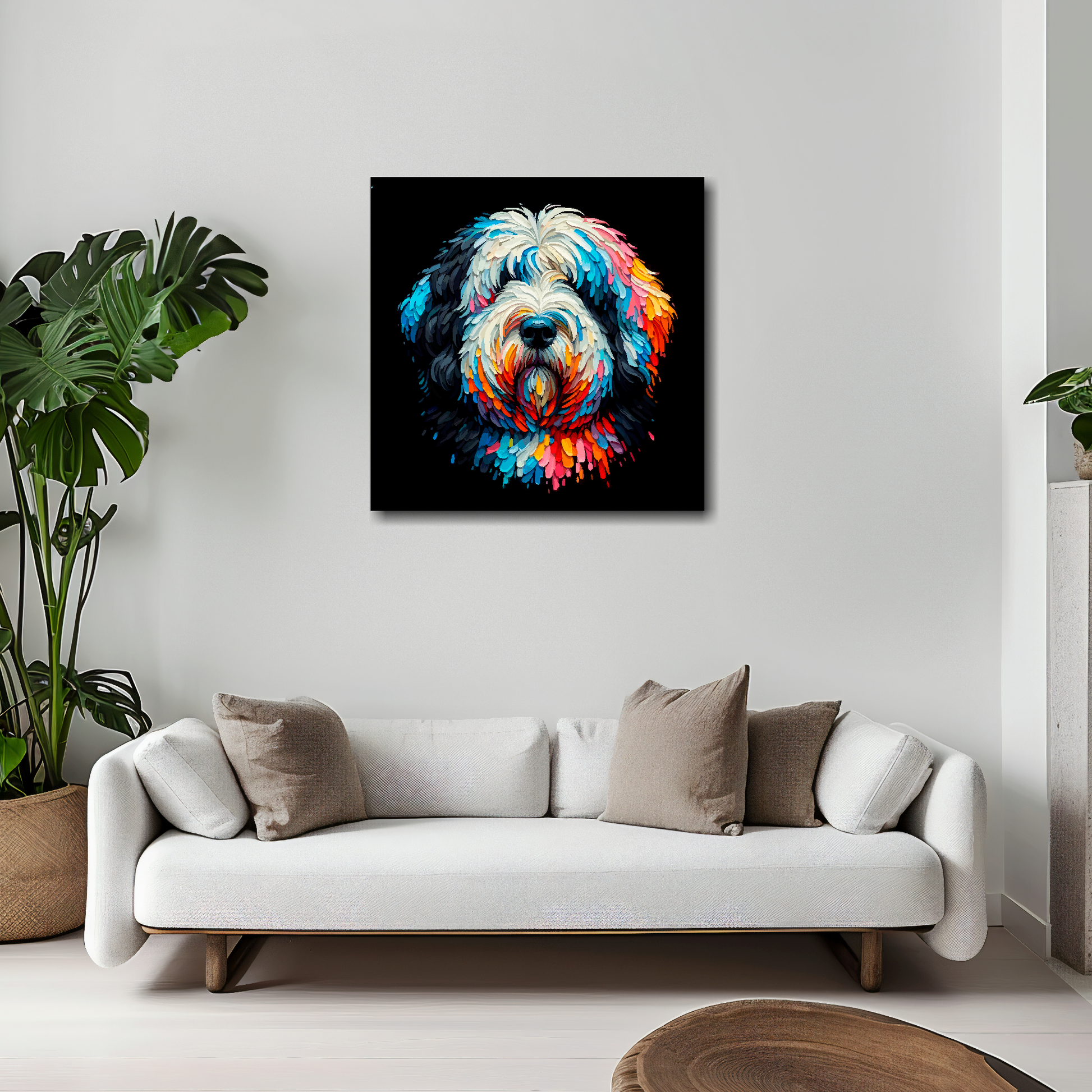 Old English Sheepdog canvas 20x20 inches above white sofa - vibrant dog portrait wall art UK