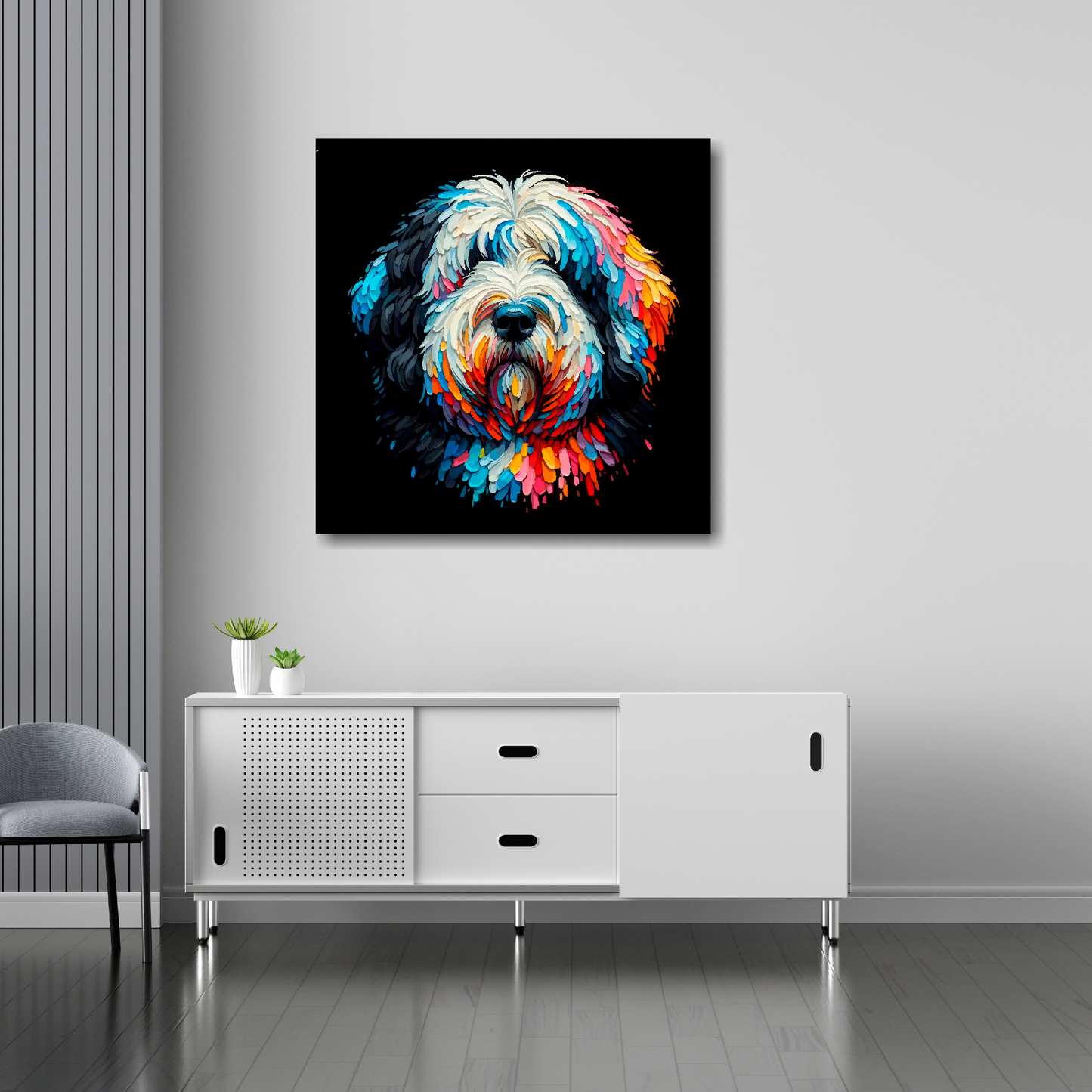 Old English Sheepdog canvas 30x30 inches above sideboard - large colourful dog portrait UK made