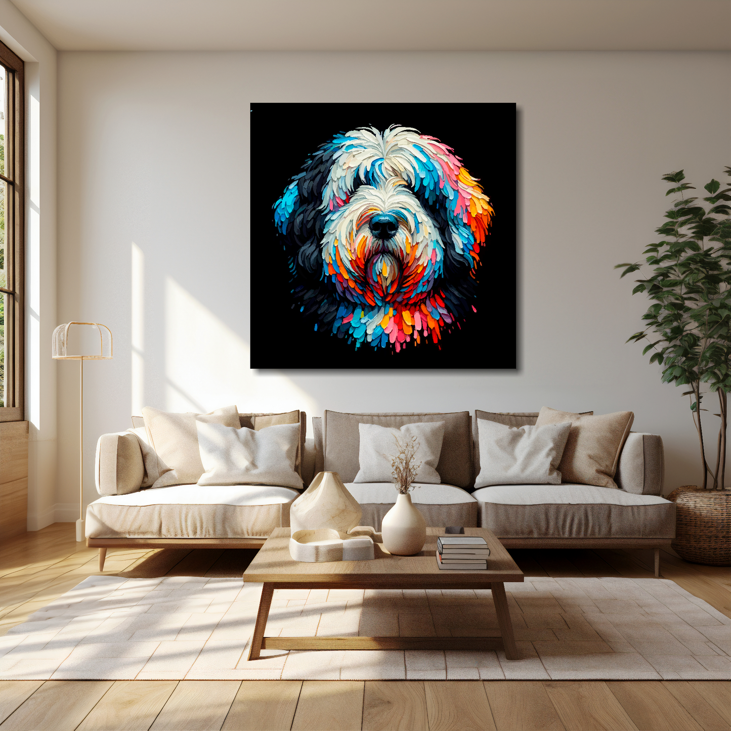 Old English Sheepdog canvas 40x40 inches above cream sofa - XL vibrant dog wall art UK