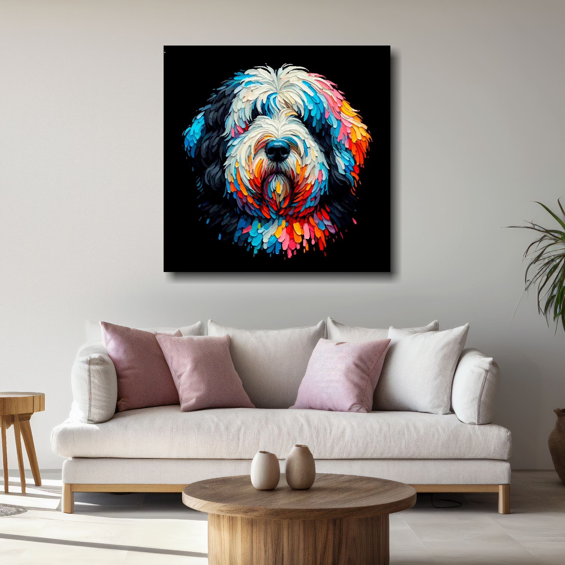 Large Old English Sheepdog canvas above white sofa - vibrant abstract dog portrait wall art UK