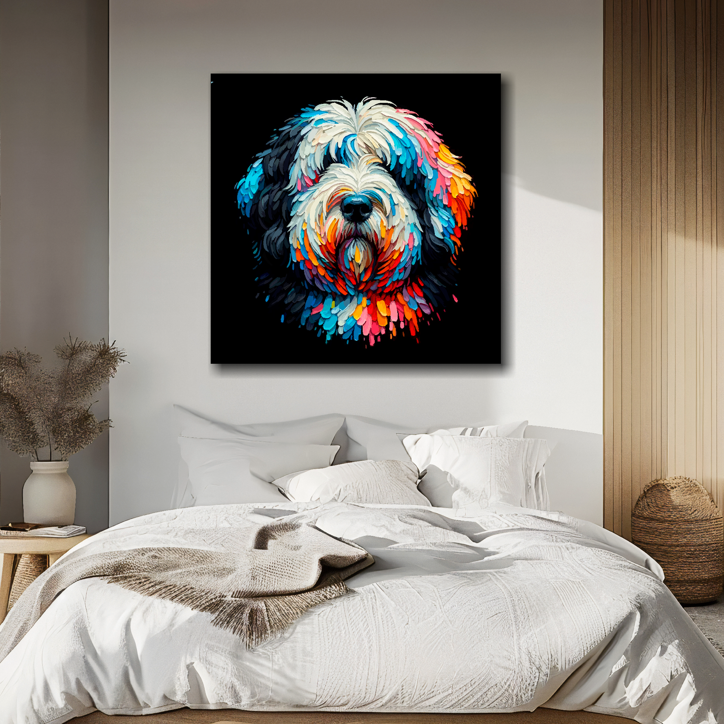 Old English Sheepdog portrait canvas above bed - colourful dog wall decor for UK bedrooms
