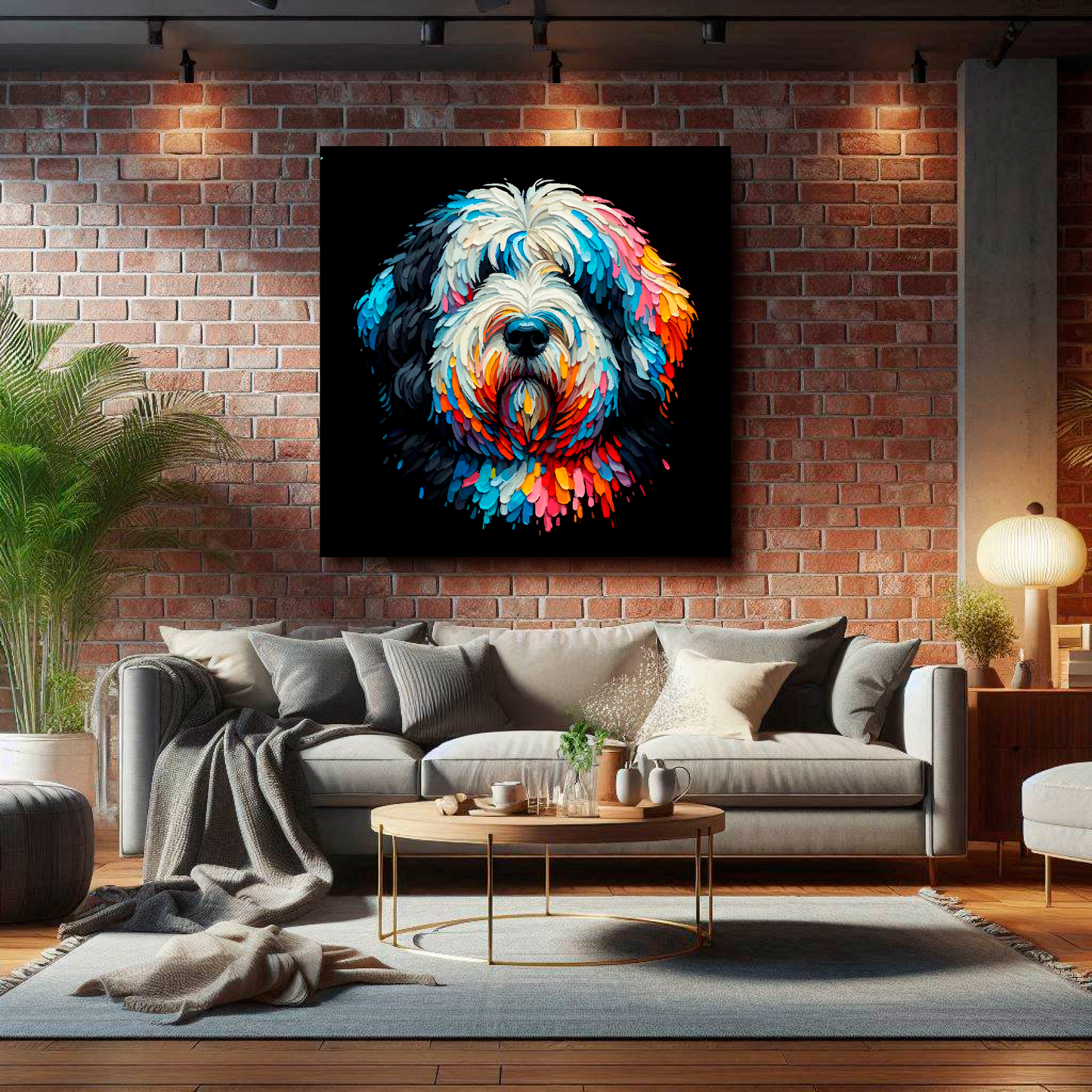 Large Old English Sheepdog canvas on brick wall above grey sofa - bold dog portrait UK living room