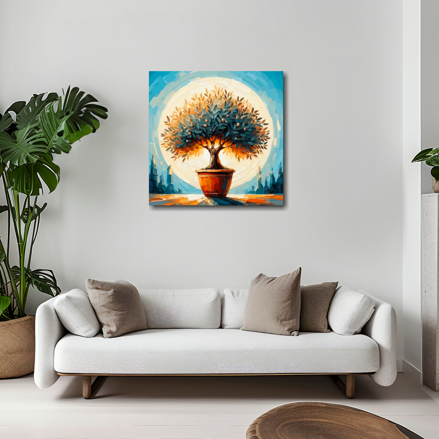 Olive tree canvas 20x20 inches above white sofa - vibrant botanical wall art UK