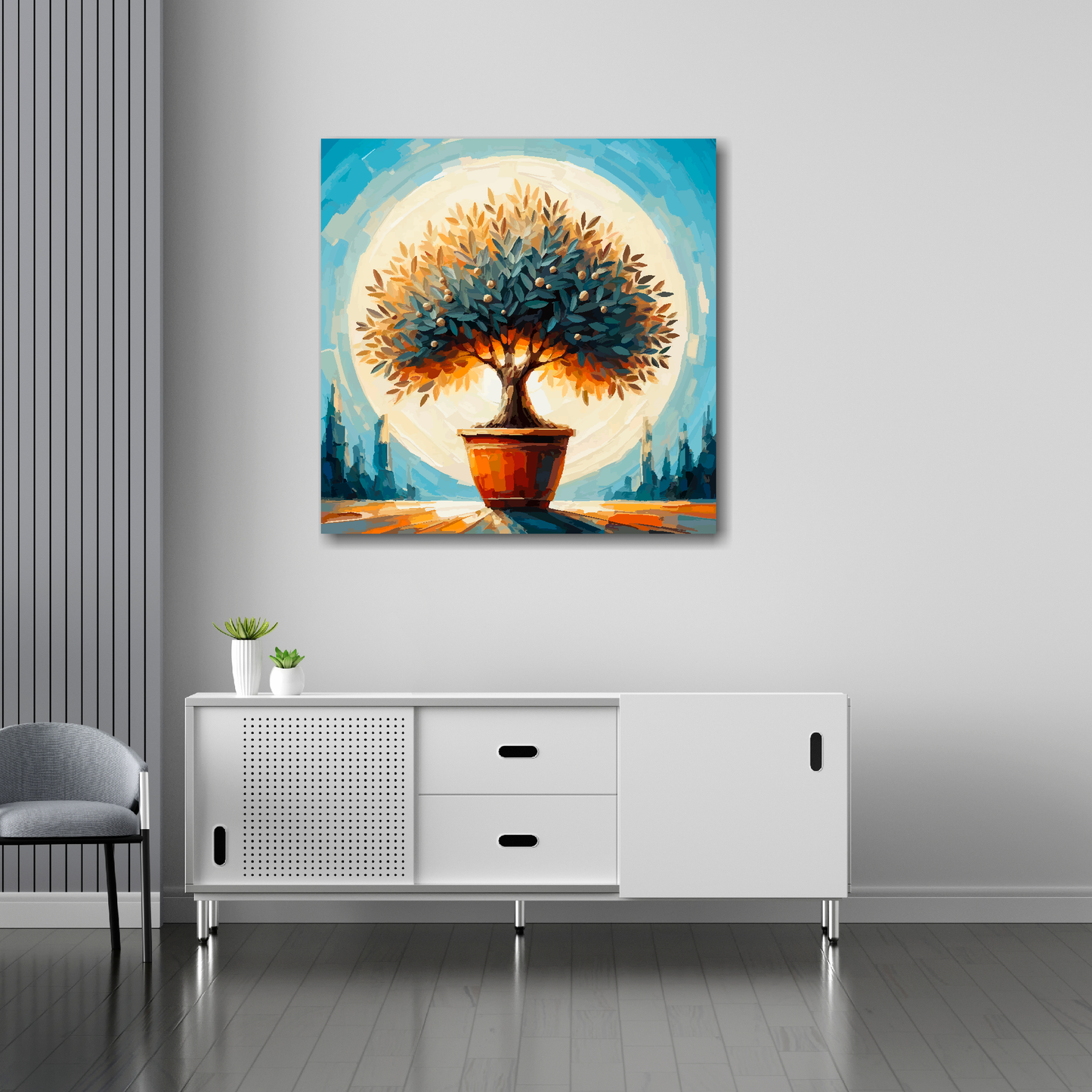 Olive tree canvas 30x30 inches above sideboard - large colourful botanical art UK made
