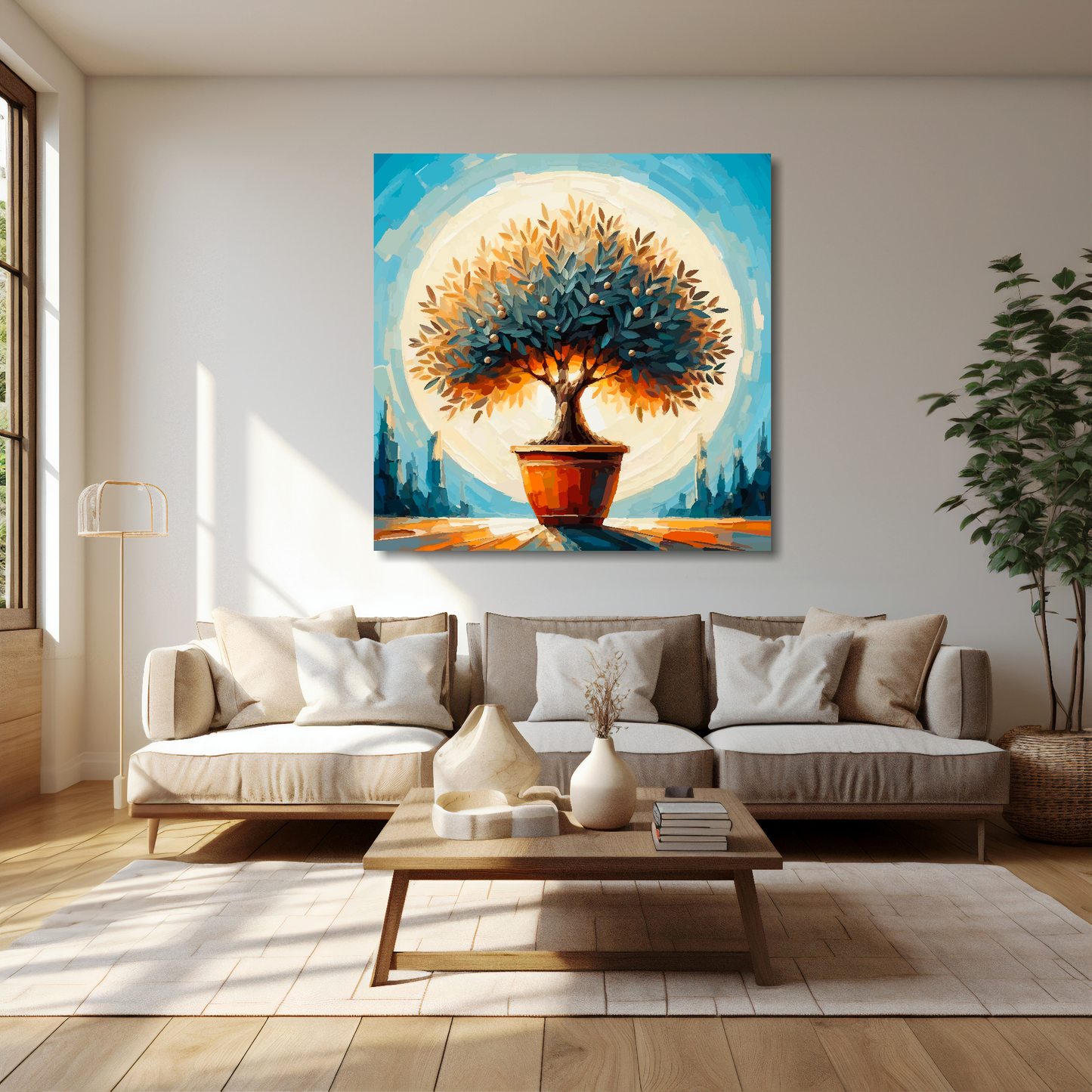 Olive tree canvas 40x40 inches above cream sofa - XL vibrant botanical wall art UK