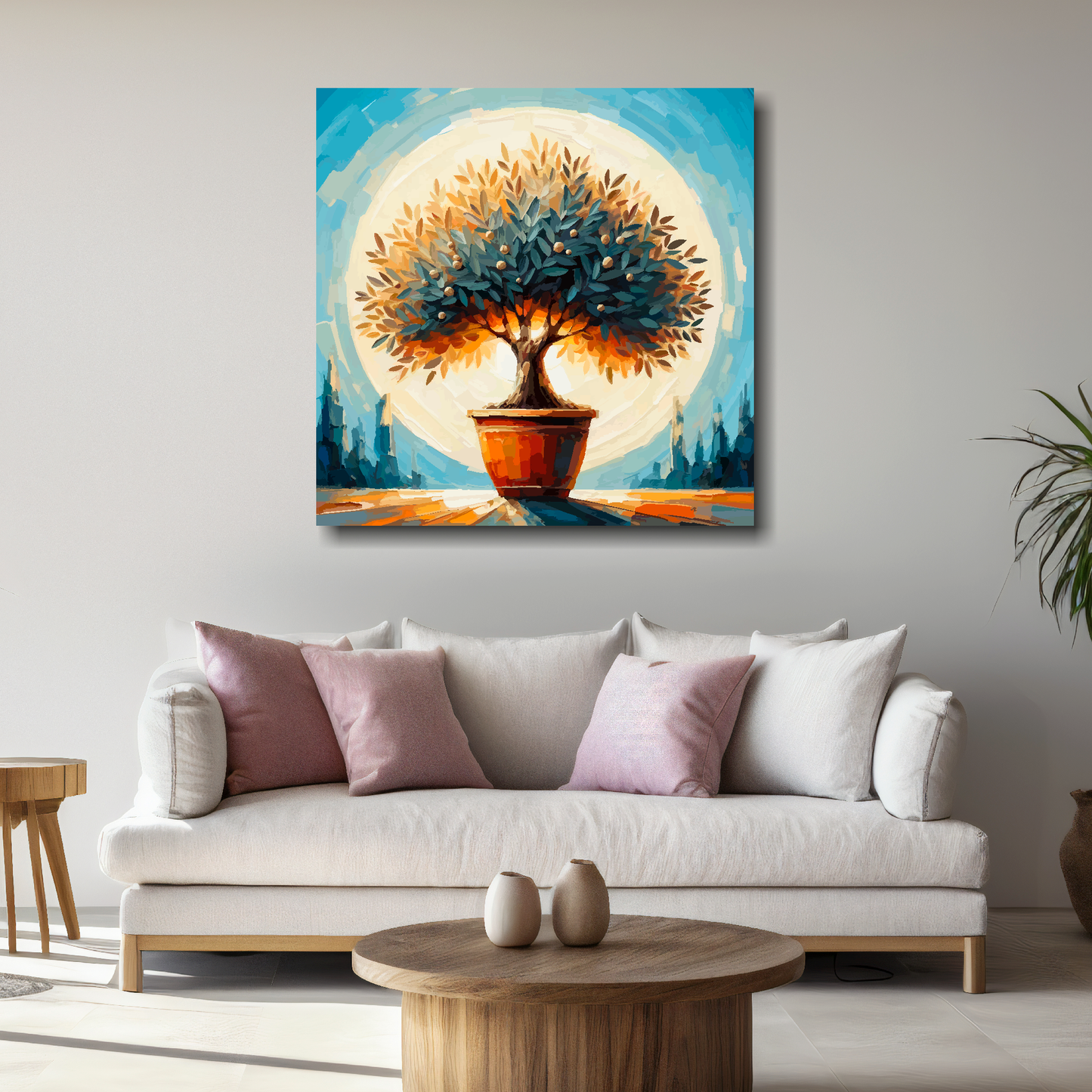 Large olive tree canvas above white sofa - vibrant abstract botanical wall art UK