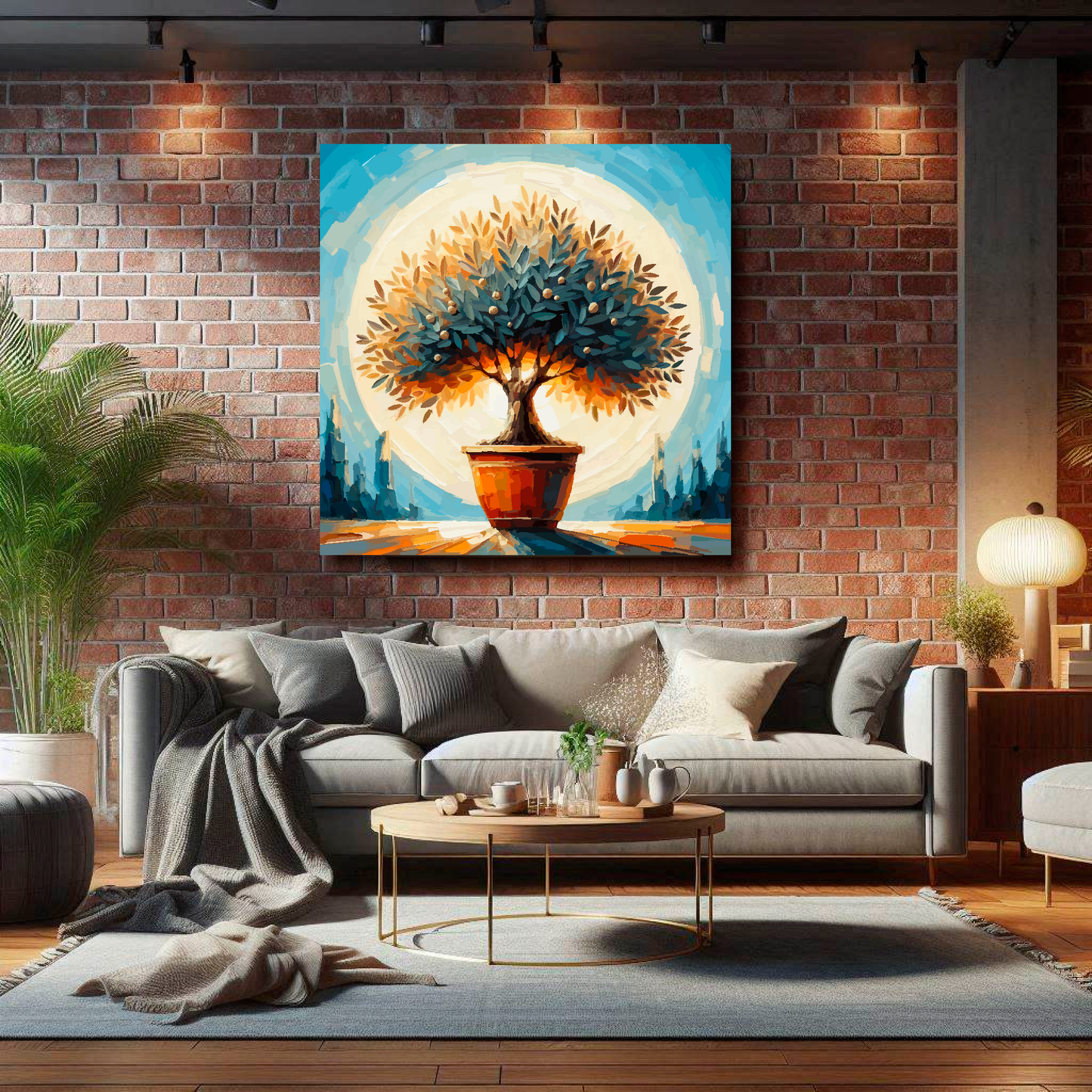 Large olive tree canvas on brick wall above grey sofa - bold botanical art UK living room