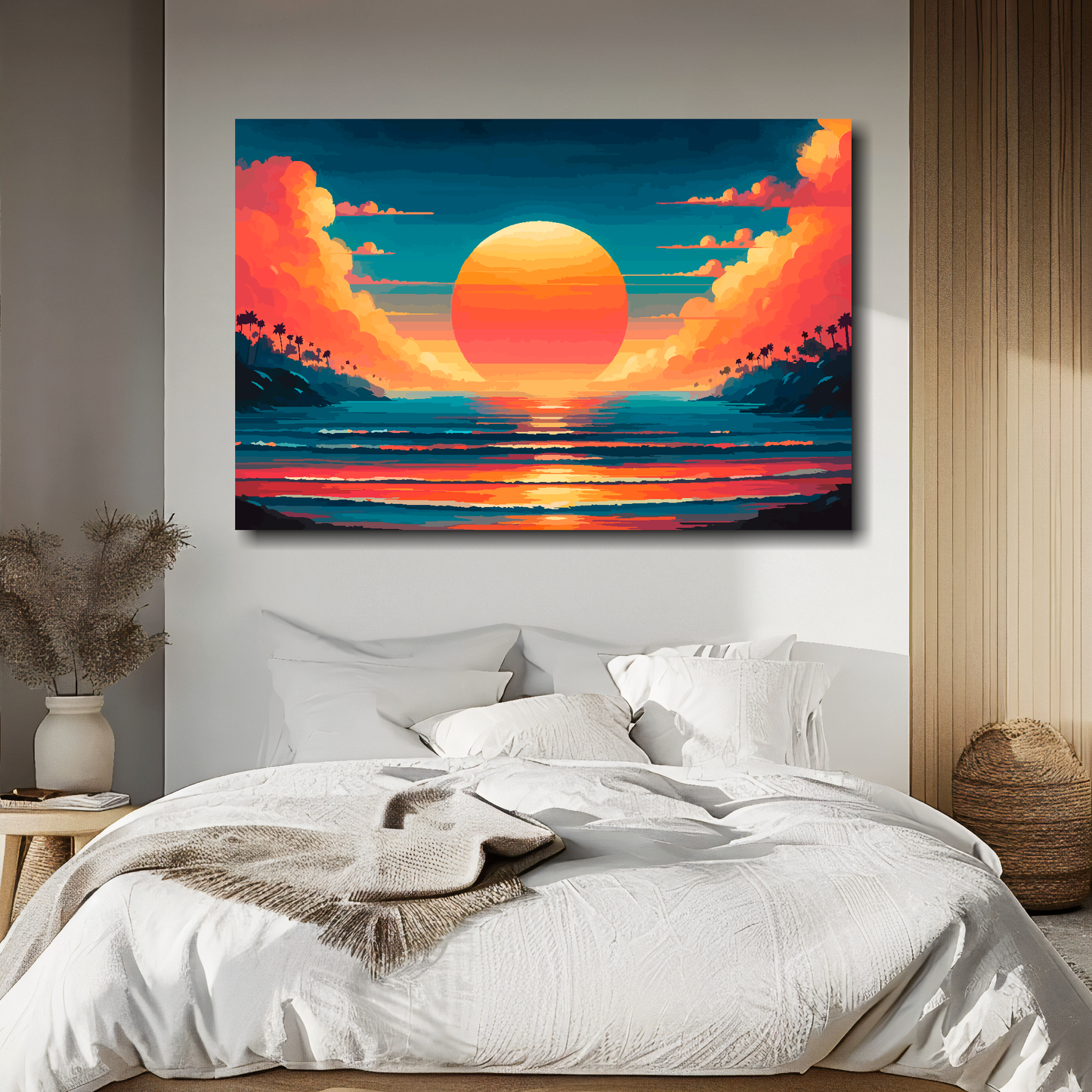 Burnt horizon canvas above bed - colourful landscape wall decor for UK bedrooms