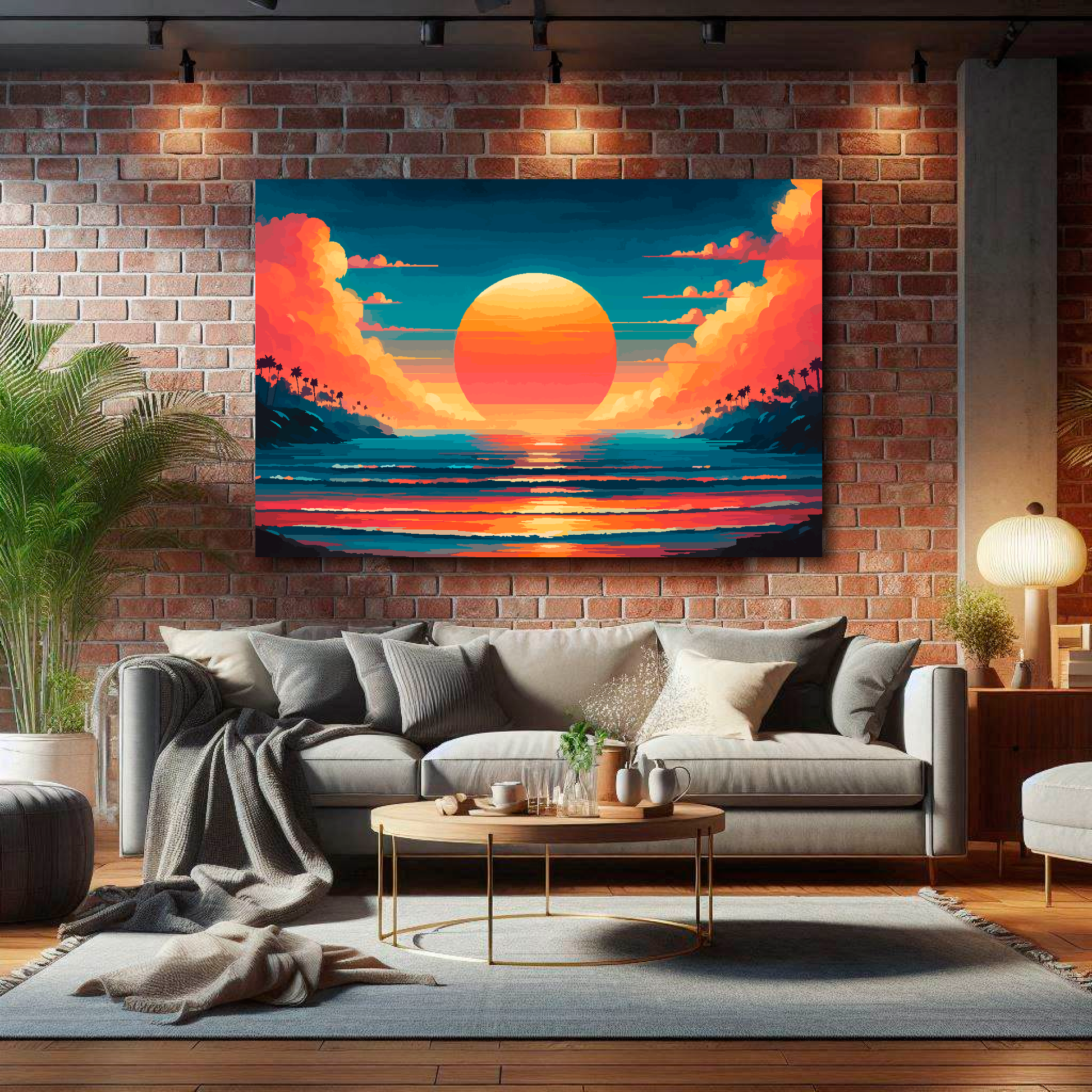 Large burnt horizon canvas on brick wall above grey sofa - bold landscape art UK living room