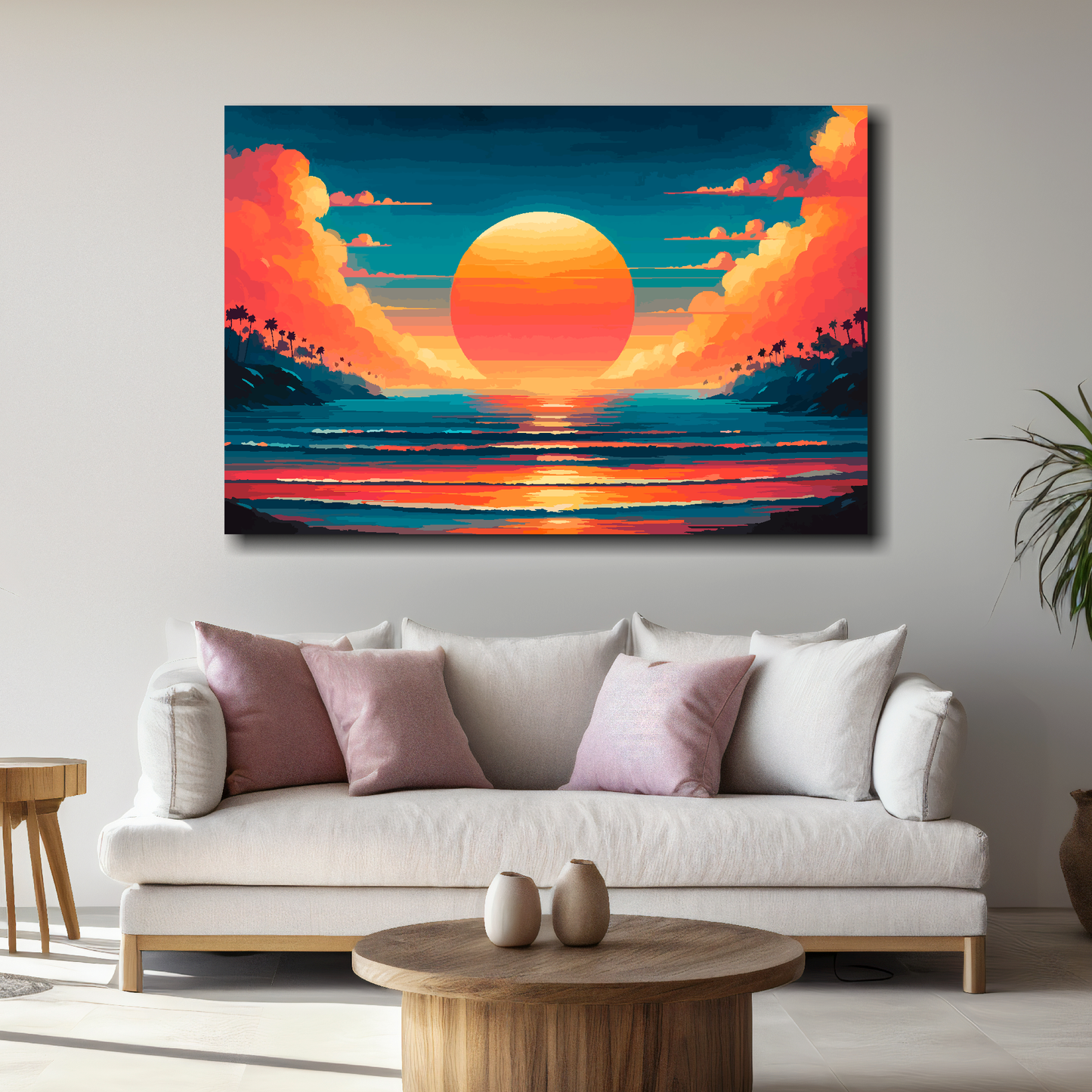 Large burnt horizon canvas above white sofa - vibrant abstract landscape wall art UK