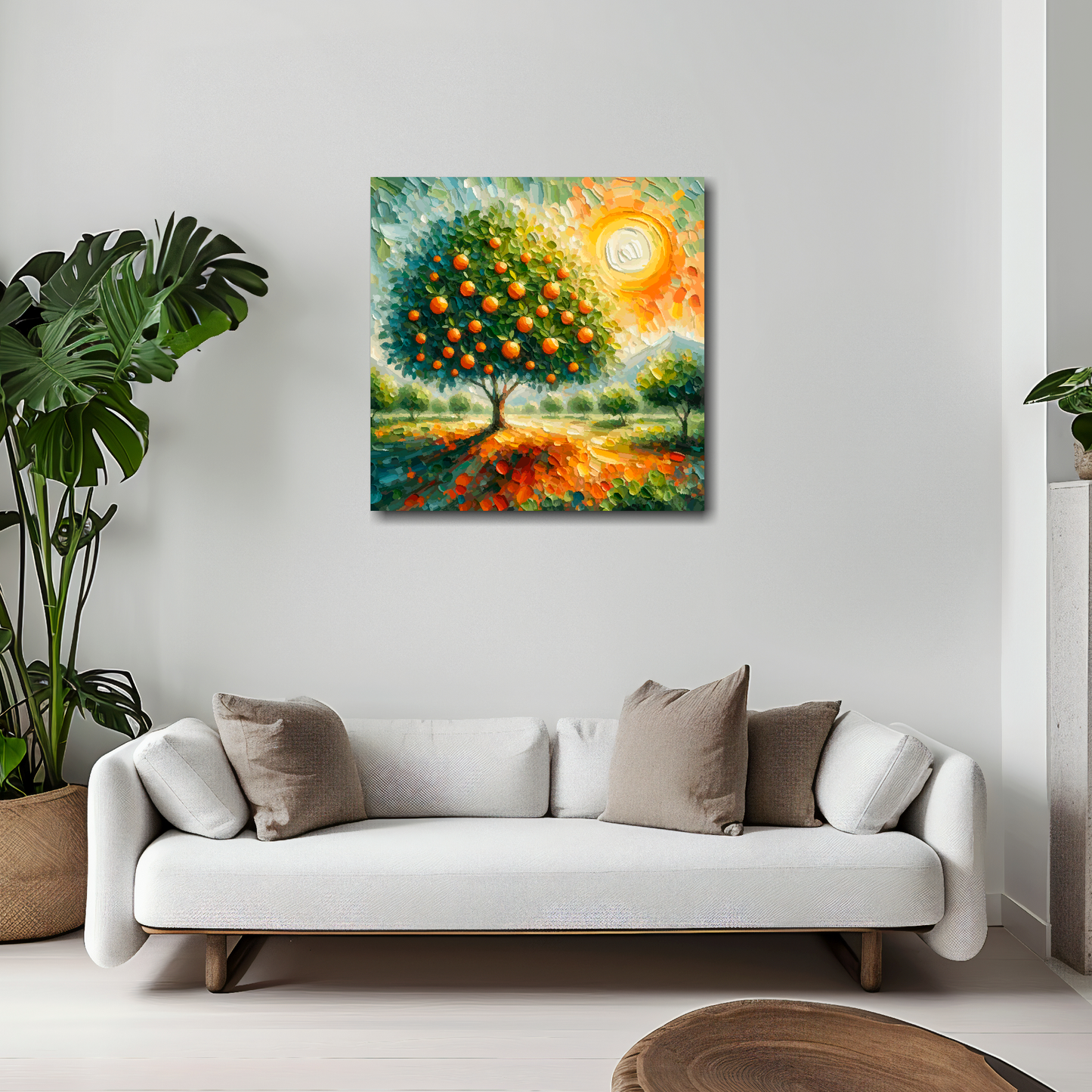 Orange tree canvas 20x20 inches above white sofa - vibrant botanical wall art UK