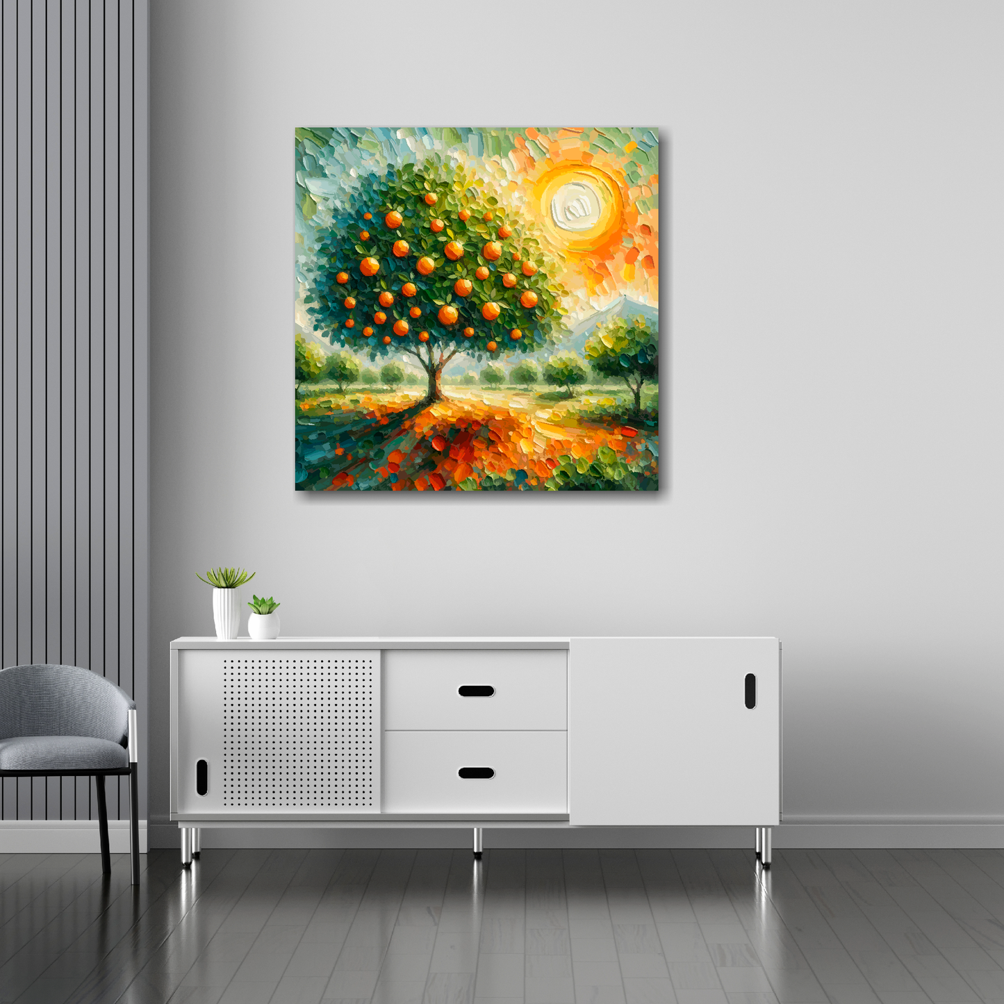 Orange tree canvas 30x30 inches above sideboard - large colourful botanical art UK made