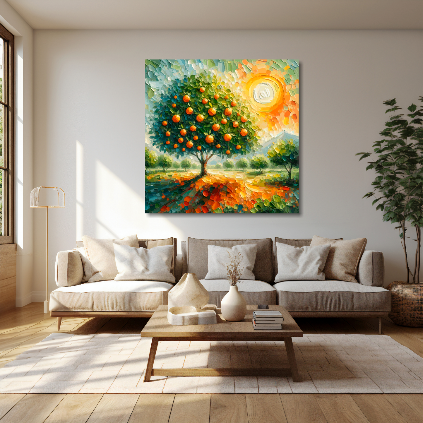 Orange tree canvas 40x40 inches above cream sofa - XL vibrant botanical wall art UK