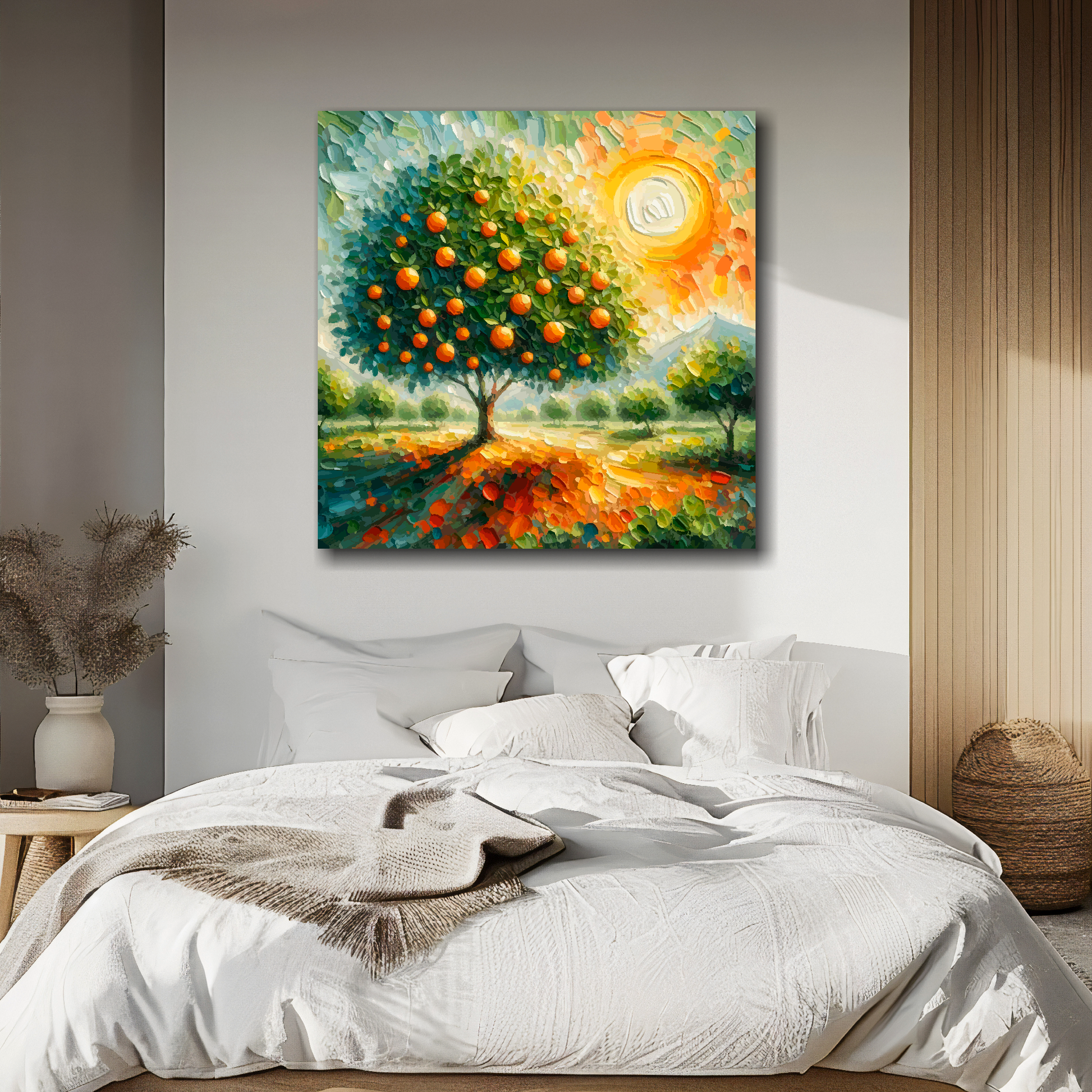 Orange tree canvas above bed - colourful botanical wall decor for UK bedrooms