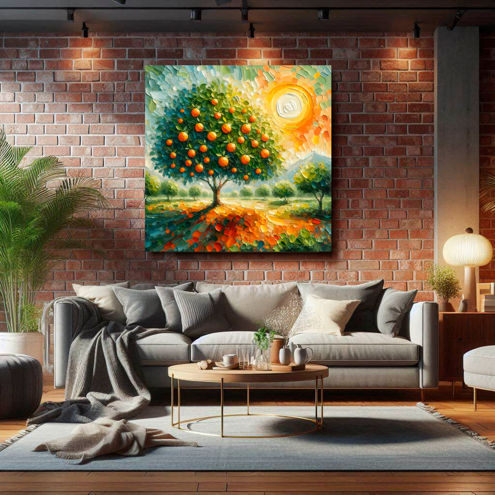 Large orange tree canvas on brick wall above grey sofa - bold botanical art UK living room