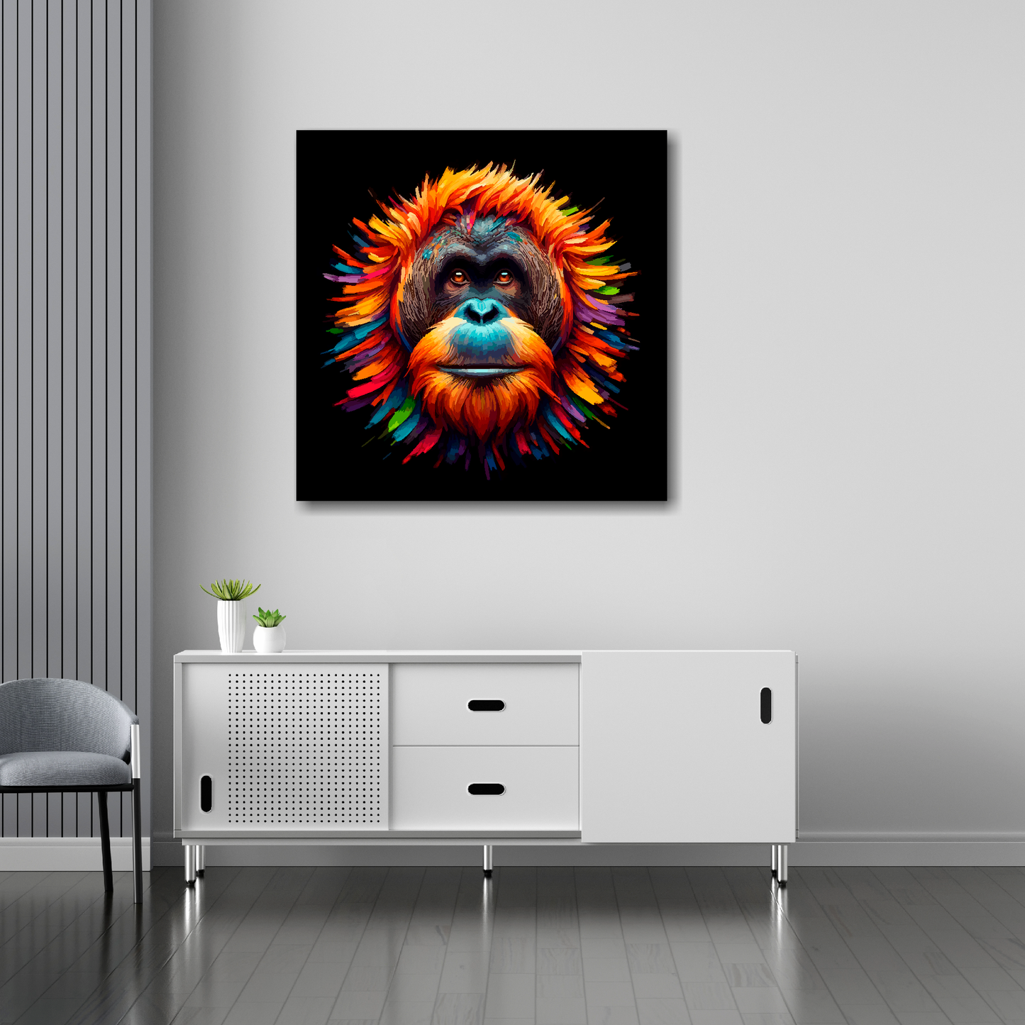 Orangutan canvas 30x30 inches above sideboard - large colourful wildlife portrait UK made