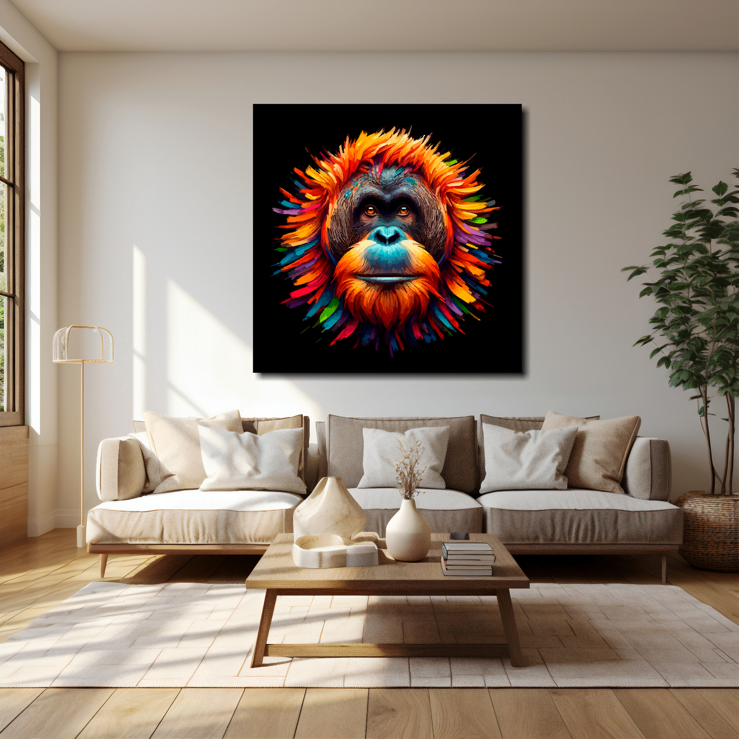 Orangutan canvas 40x40 inches above cream sofa - XL vibrant wildlife wall art UK