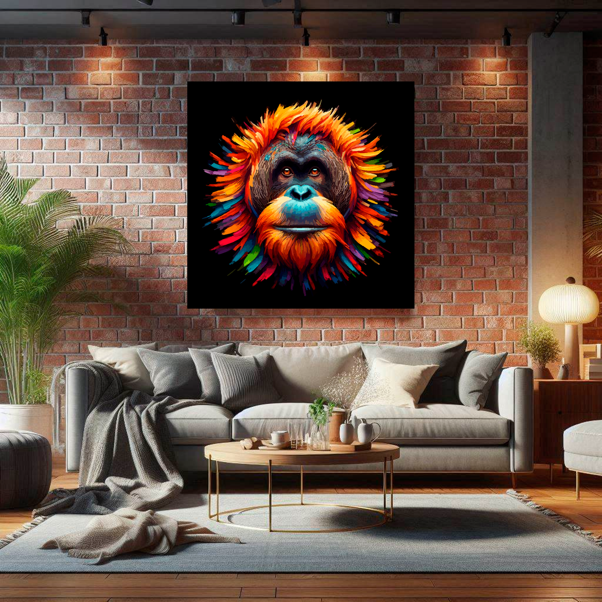 Large Orangutan canvas on brick wall above grey sofa - bold wildlife portrait UK living room