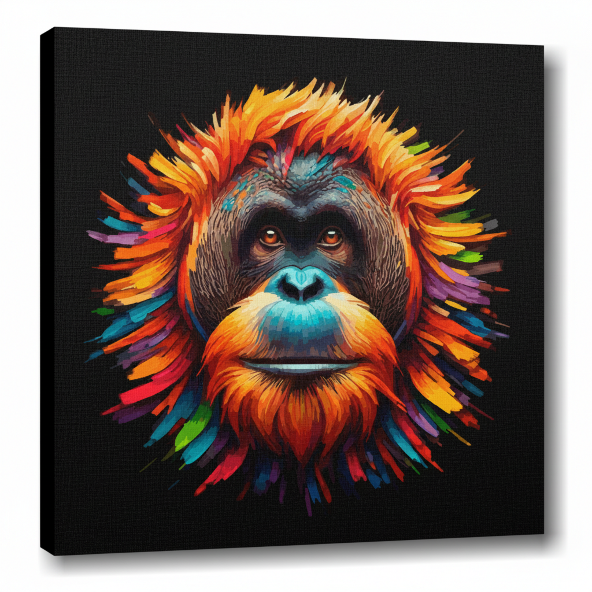 Colourful Orangutan wildlife portrait canvas print - UK made abstract animal wall art black background