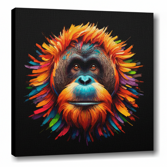 Colourful Orangutan wildlife portrait canvas print - UK made abstract animal wall art black background