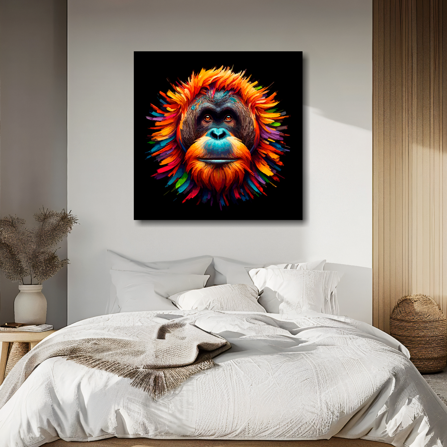 Orangutan portrait canvas above bed - colourful wildlife wall decor for UK bedrooms