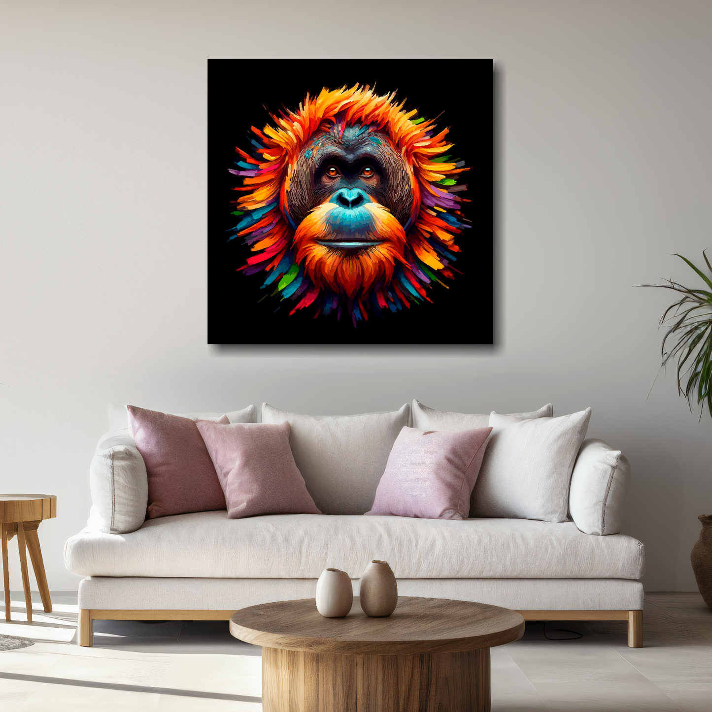 Large Orangutan canvas above white sofa - vibrant abstract wildlife portrait wall art UK