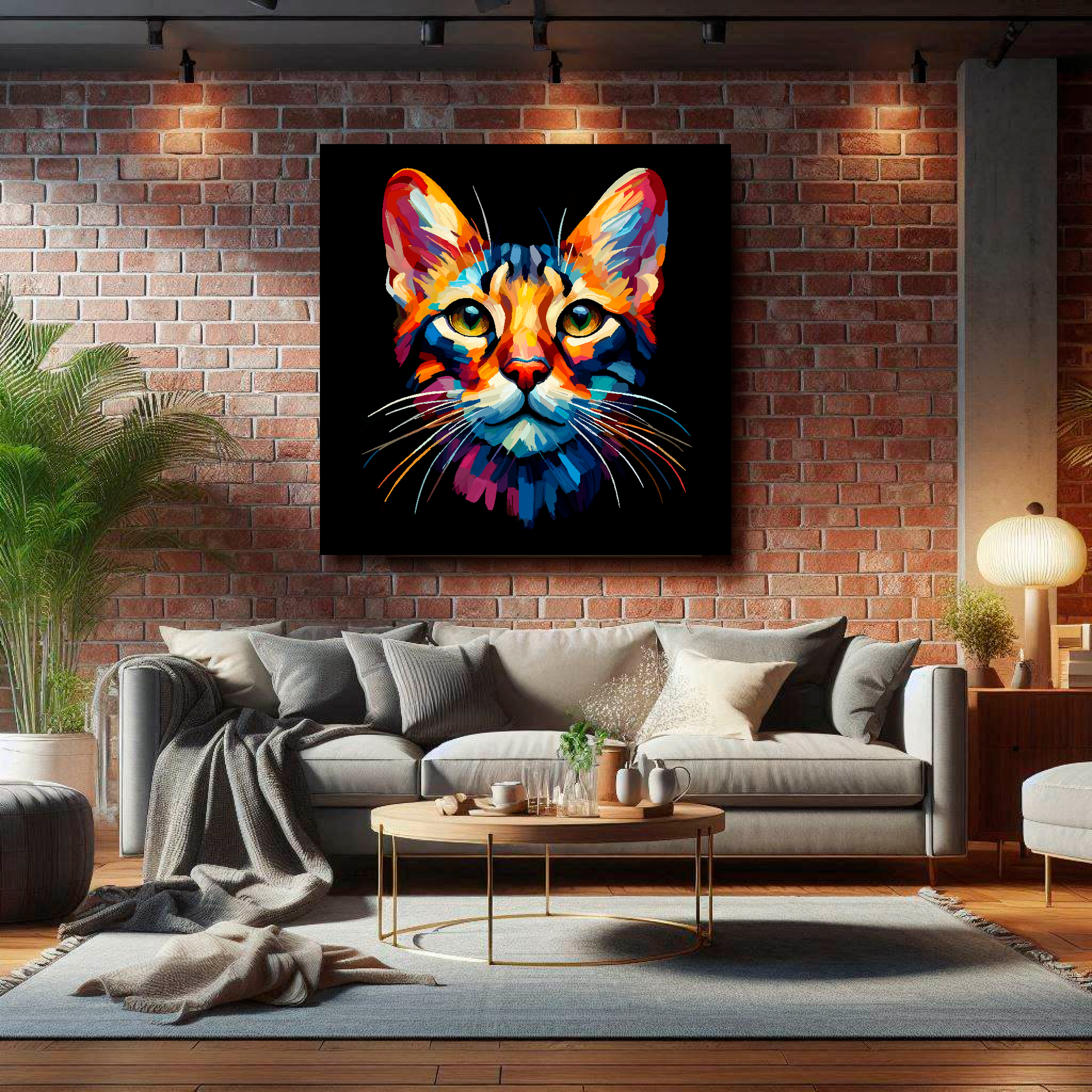 Large Oriental cat canvas on brick wall above grey sofa - bold cat portrait UK living room