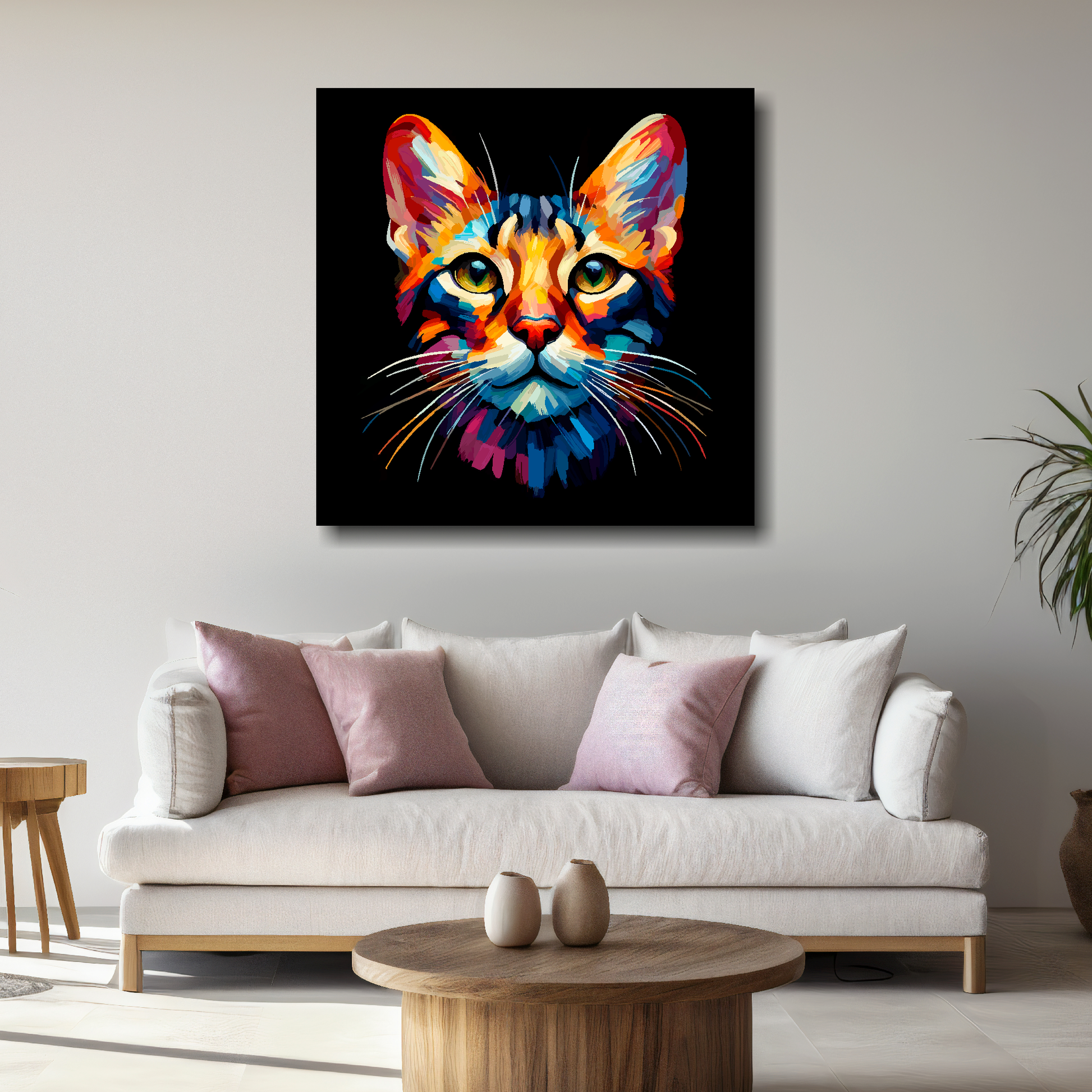 Large Oriental cat canvas above white sofa - vibrant abstract cat portrait wall art UK