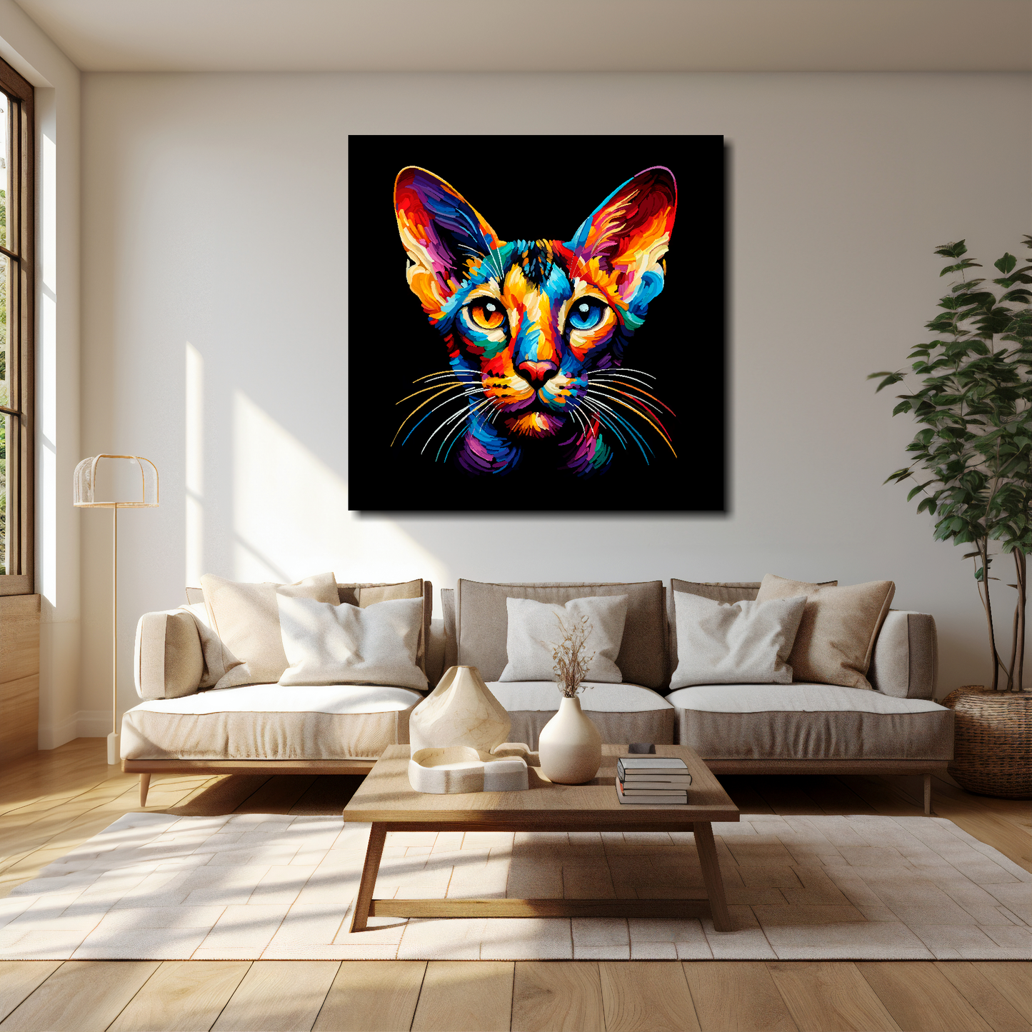 Oriental Shorthair cat canvas 40x40 inches above cream sofa - XL vibrant cat wall art UK