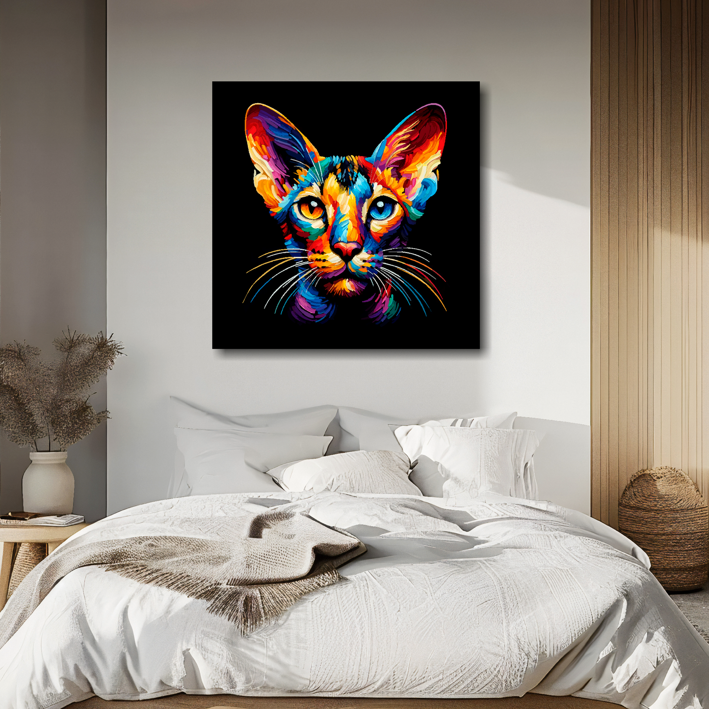 Oriental Shorthair cat portrait canvas above bed - colourful cat wall decor for UK bedrooms